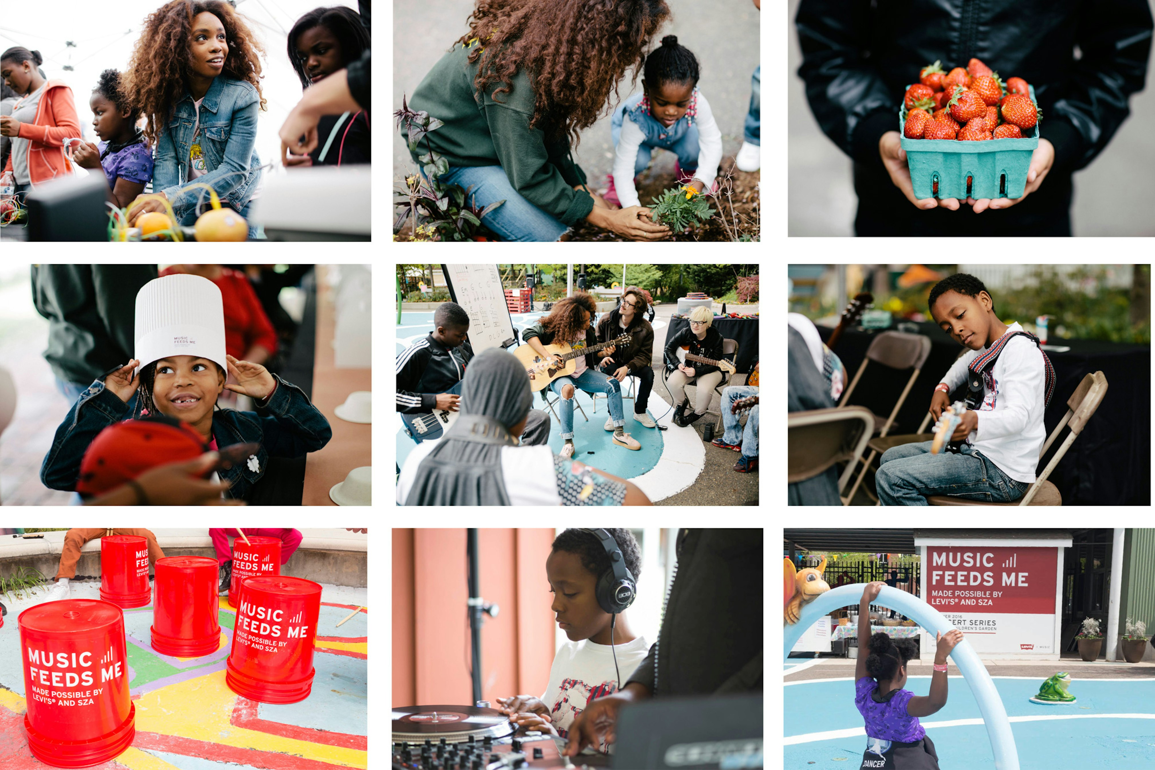Image shows a grid of 9 images of children playing music, planting plants, and interacting with SZA. 