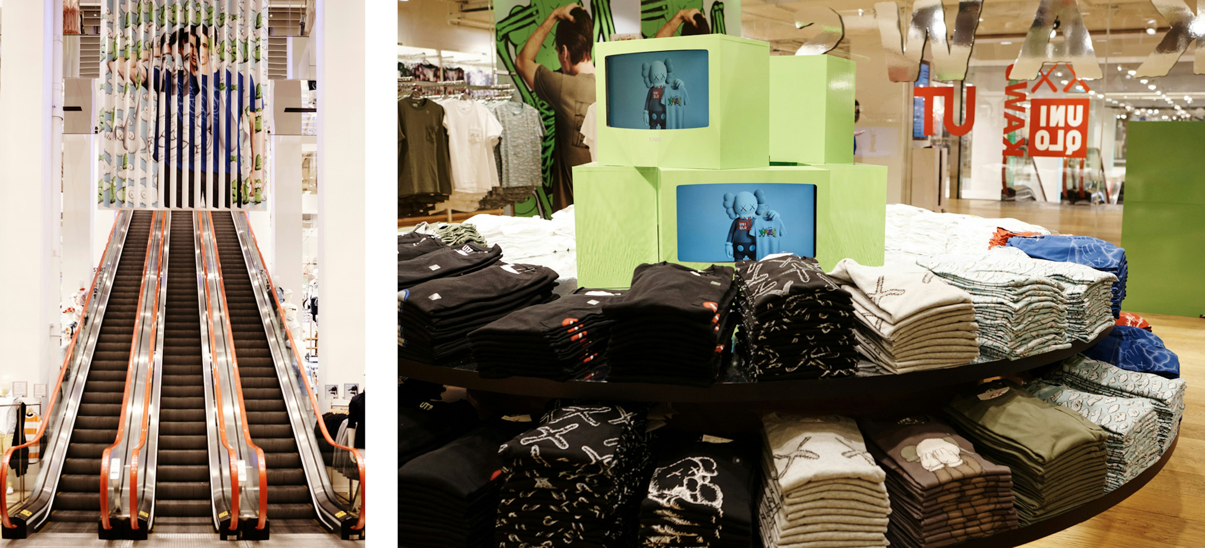 Image showing two images next to each other. One shows the escalator and the other shows stacks of teeshirts with the KAWS logo on them.