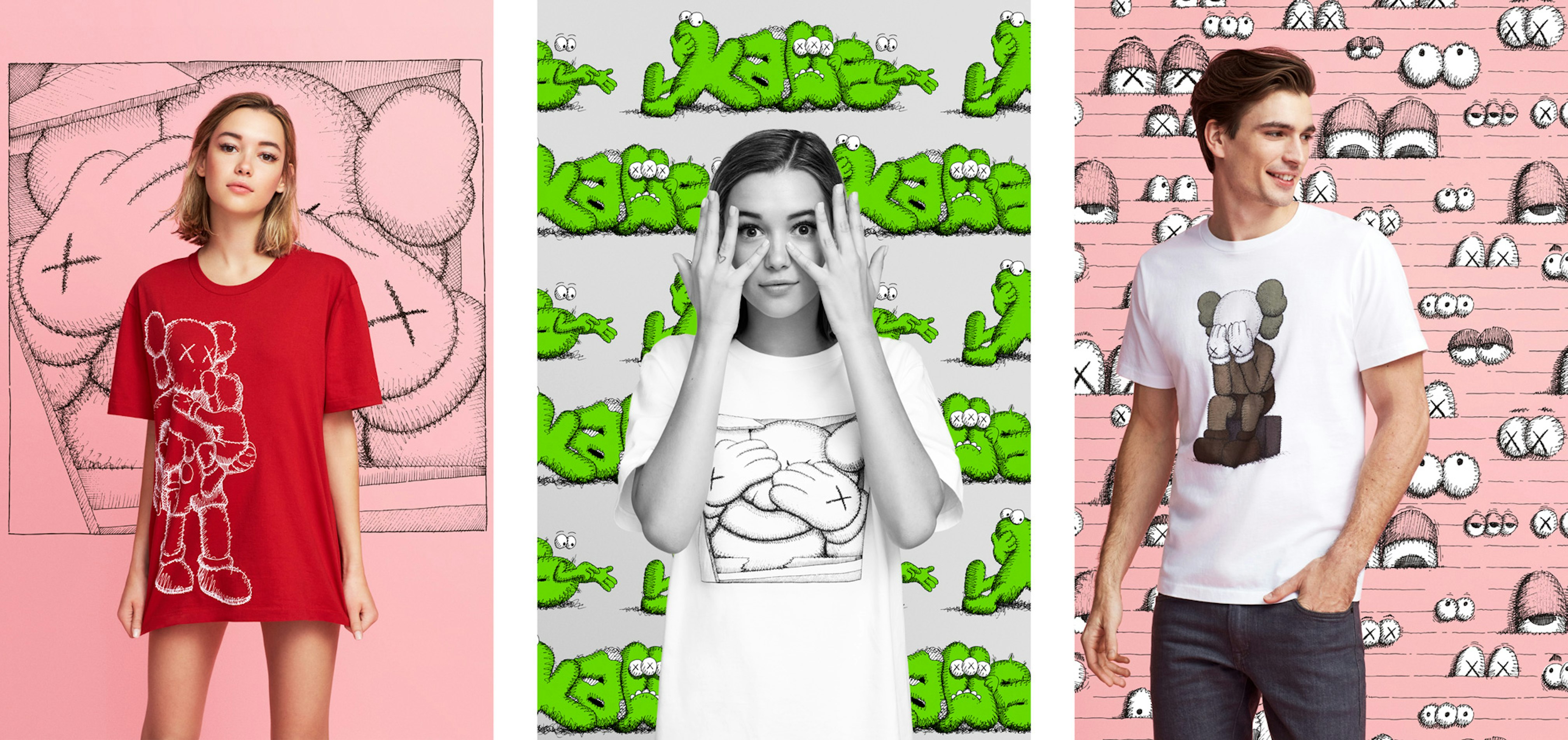 Image showing three posters in a row of people wearing KAWS teeshirts standing against backgrounds made from KAWS drawings.