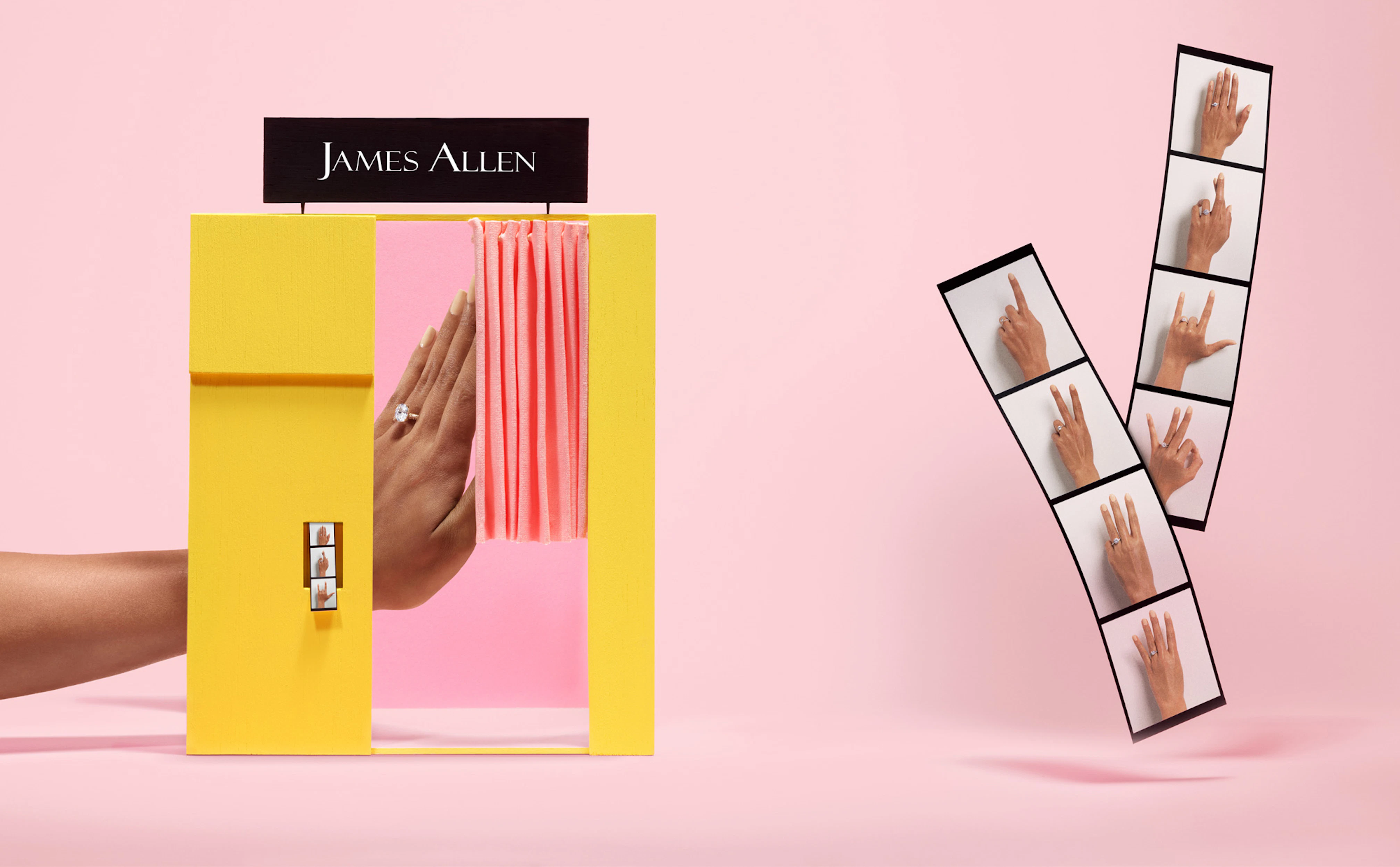 Images showing miniature yellow photo-booth with a hand inside taking selfies.