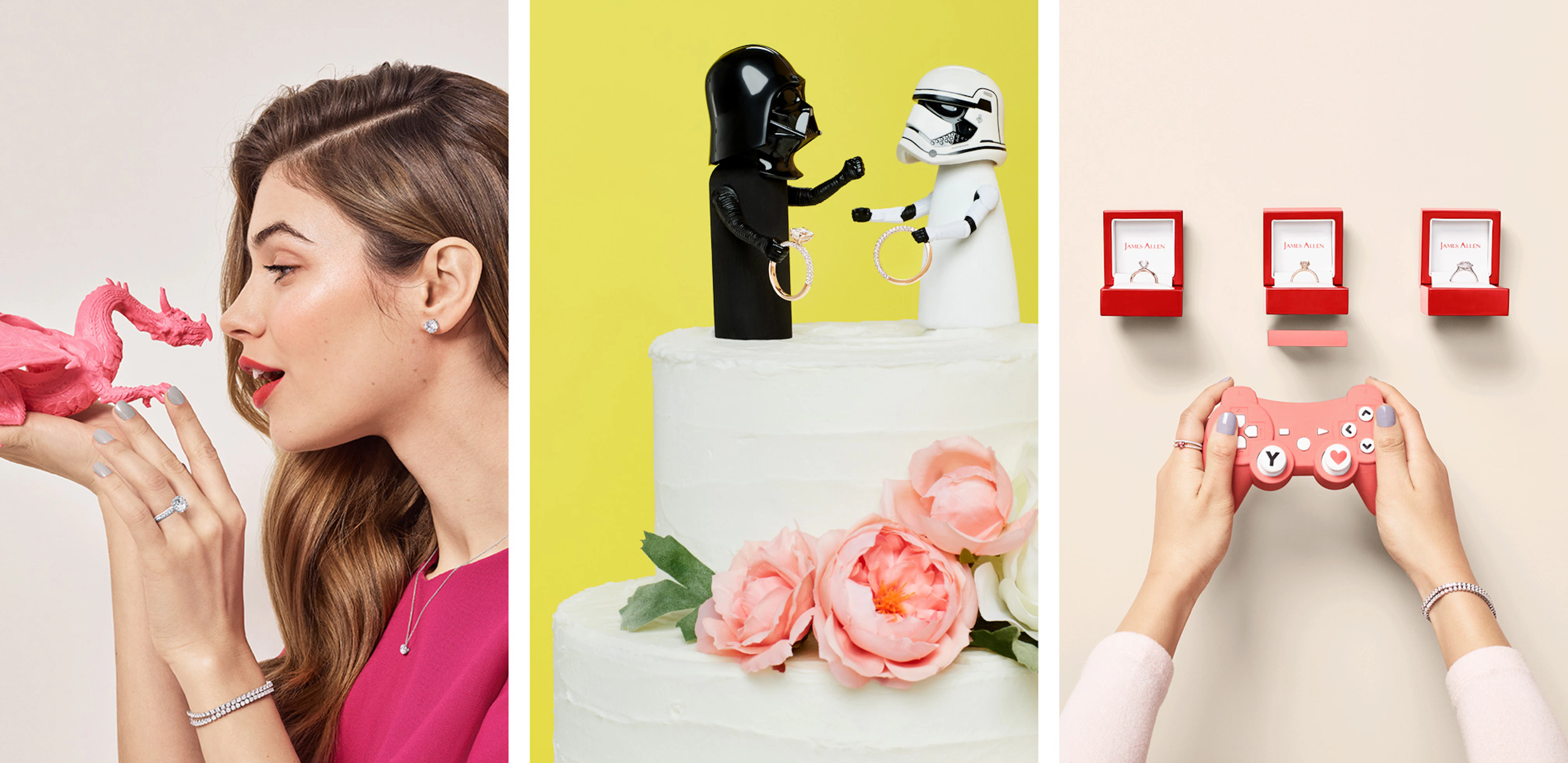 Image showing three images next to each other. The first shows a person in profile holding a small pink dragon, the second shows a wedding cake with Starwars figurines as cake toppers each holding a ring, and the third image shows a pair of hands with a pink Playstation gaming three open ring boxes.