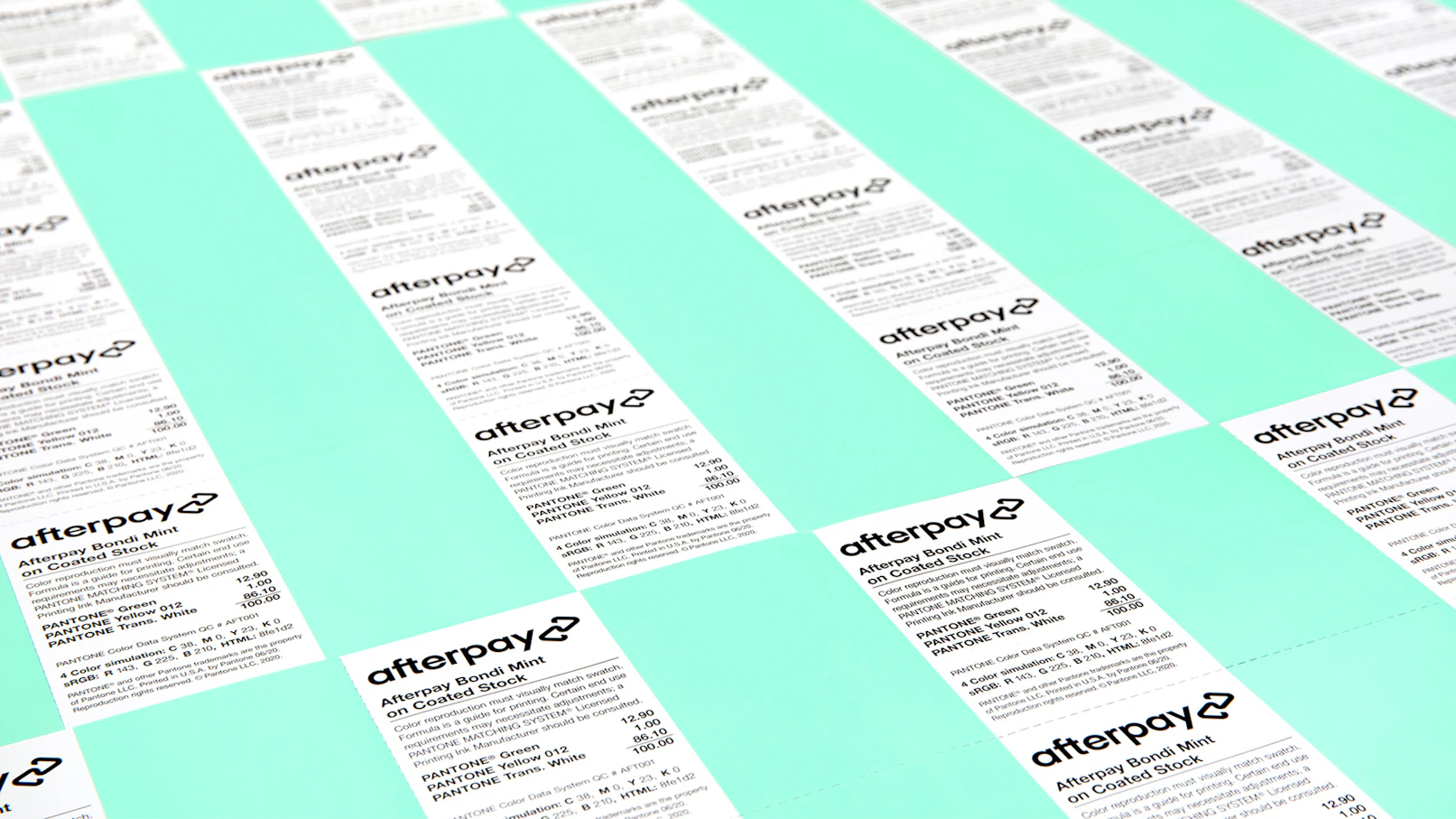 Image showing the Afterpay logo printed in black on white with Pantone text about their custom bondi mint color. In-between are printed swatches of the bondi mint.