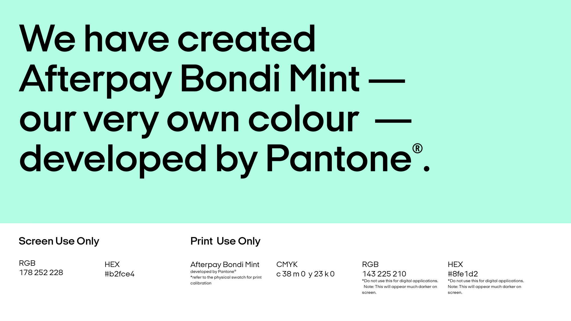Image showing black text on the Bondi mint background. Underneath are the HEX and RGB and CMYK codes written in black on a white ground.
