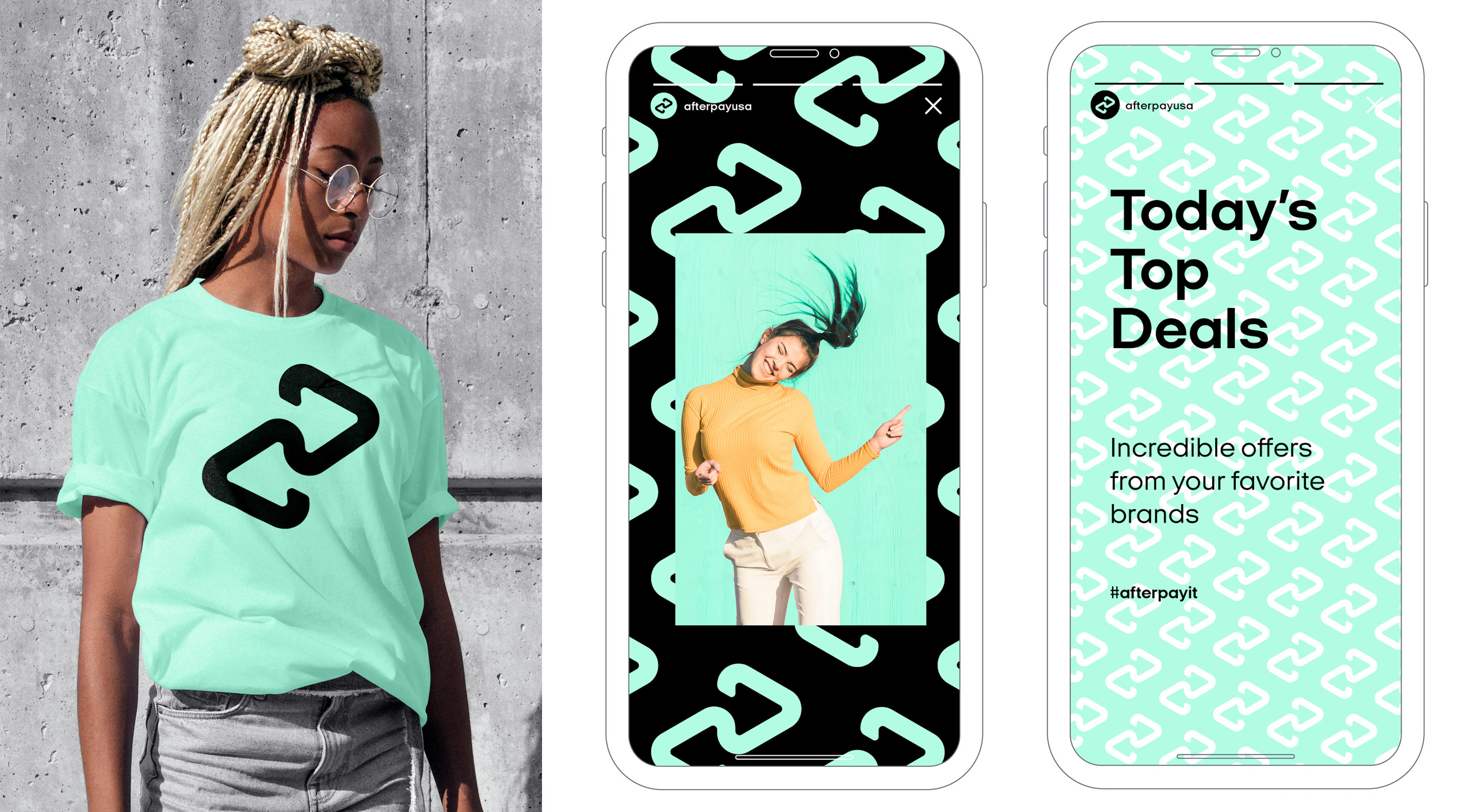 Image showing a person wearing a Bondi mint teeshirt with the Afterpay logo in black printed on the front. Next to them are two mobile mock ups showing layouts using the Bondi mint color an the Afterpay logo.