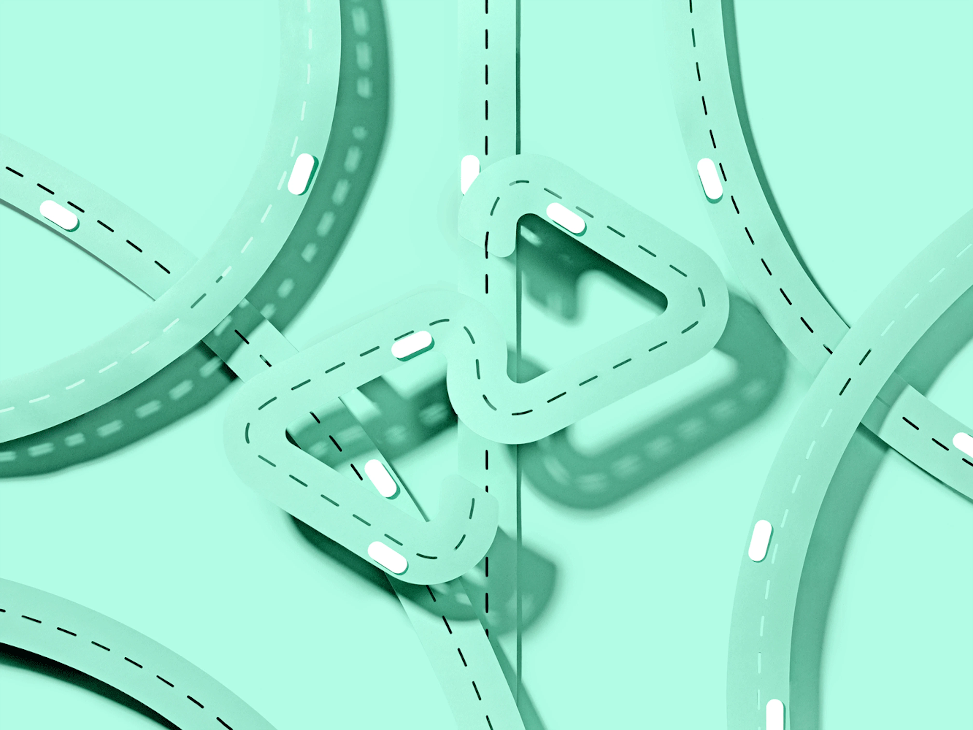 Animation shows overlapping mint green paper-cut-out highways on a mint green background. There are small white pill-shaped "cars" moving around on them to look like traffic. In the center is a street in the shape of the Afterpay logo.