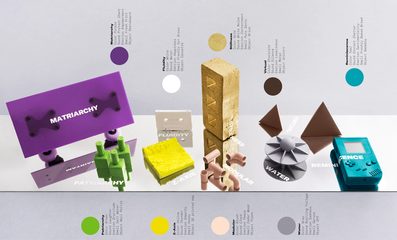 Image showing a row of objects in different colors, each representing a color of the palette - purple, green, yellow, white, gold, brown, gray, teal.