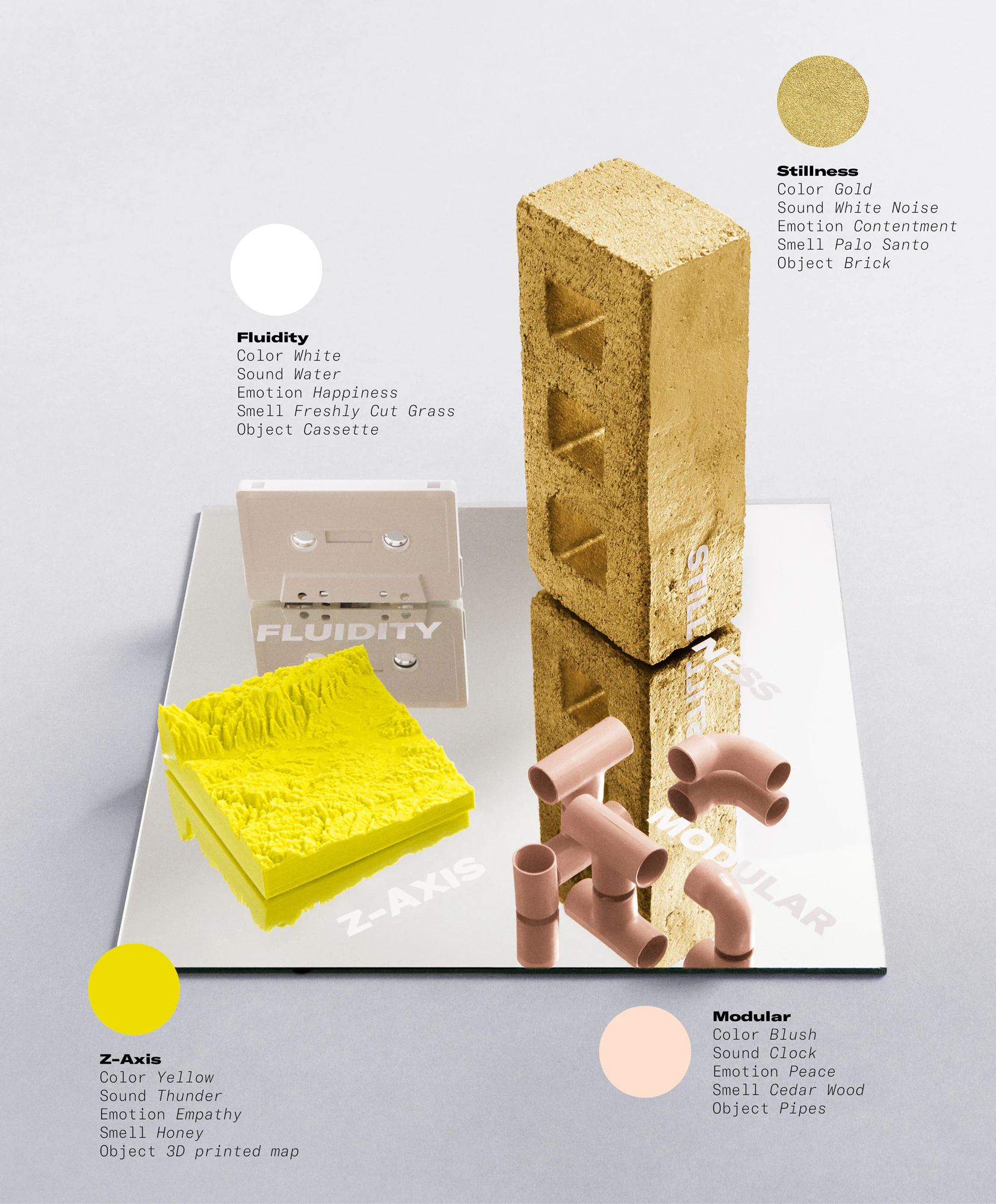 Image showing a gold brick, a yellow piece of plastic, a few beige tubes, and a white cassette tape - all standing on a mirror and with descriptions of each color next to the objects.