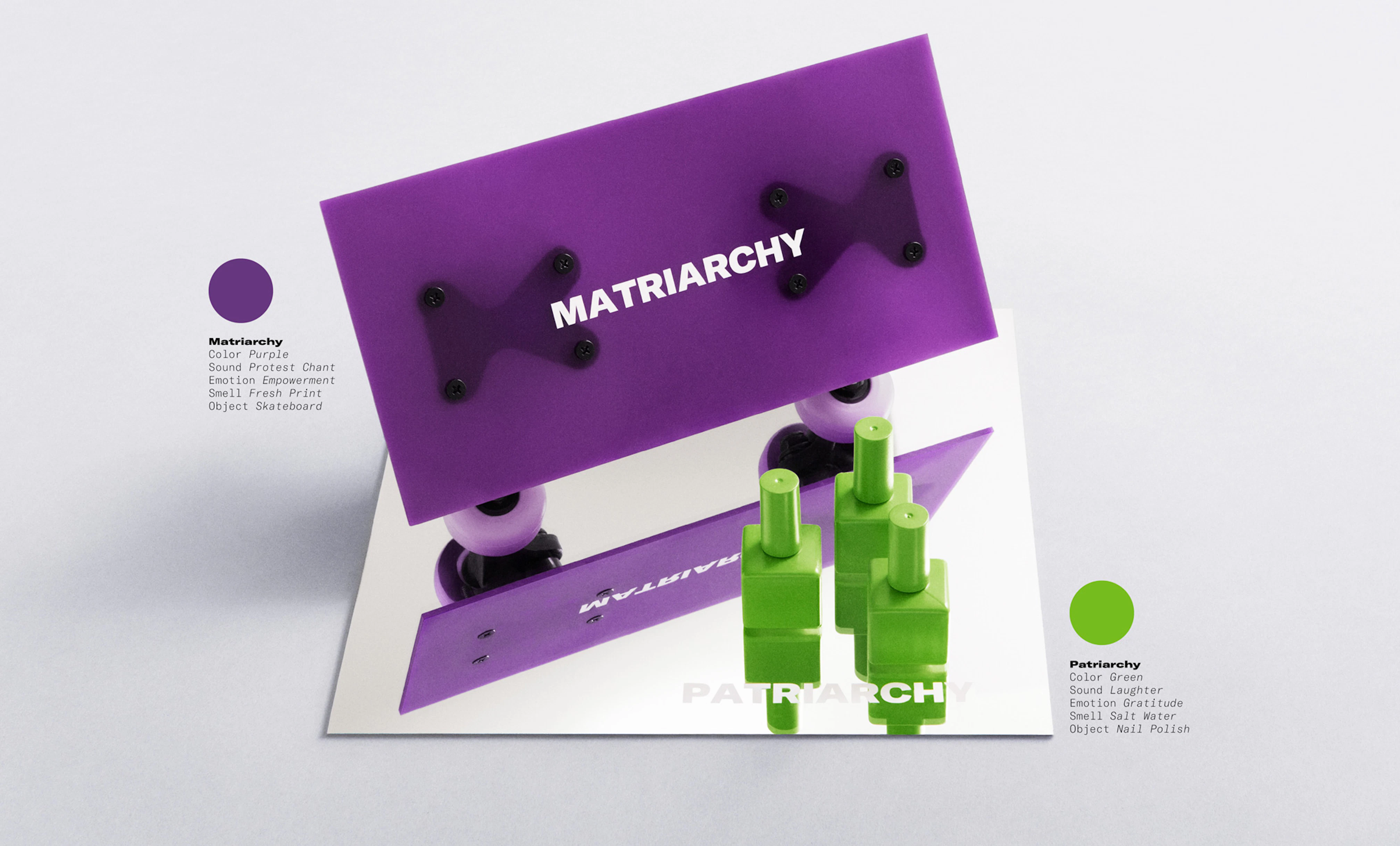 Image showing a purple piece of plexi and three green bottles of nail polish. Everything is standing on a mirror.