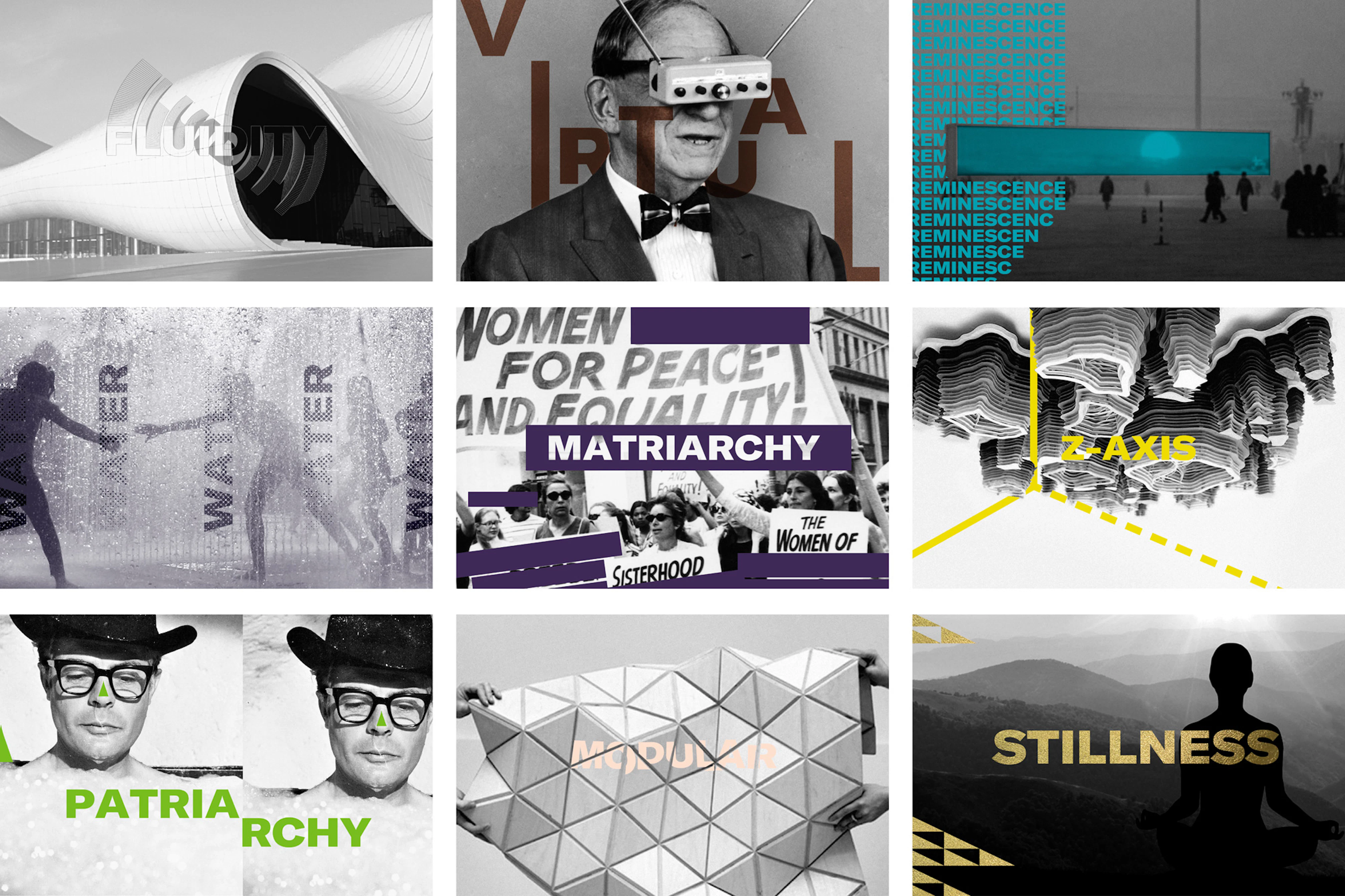 3 x 3 image showing black and white images each with one of the colors from the palette on them.