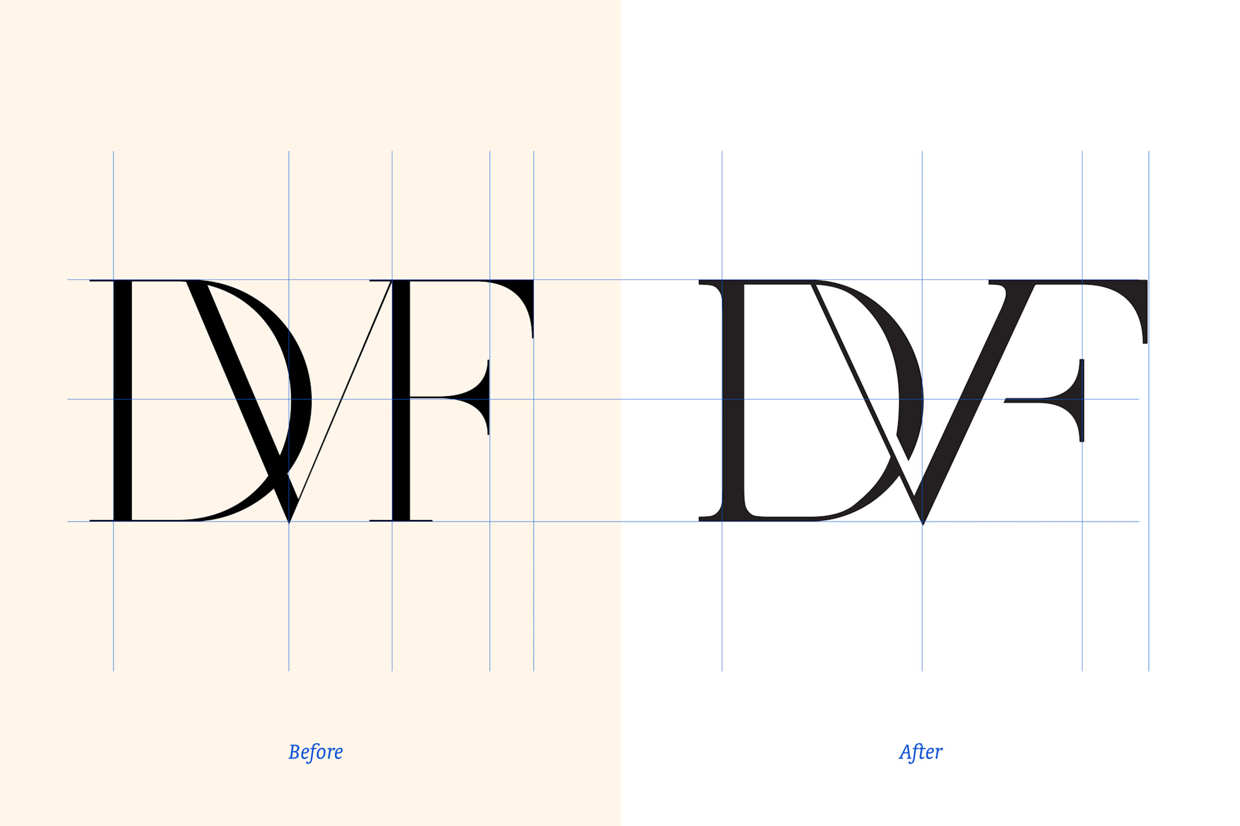 Image showing the old and the new DVF logo in black type.