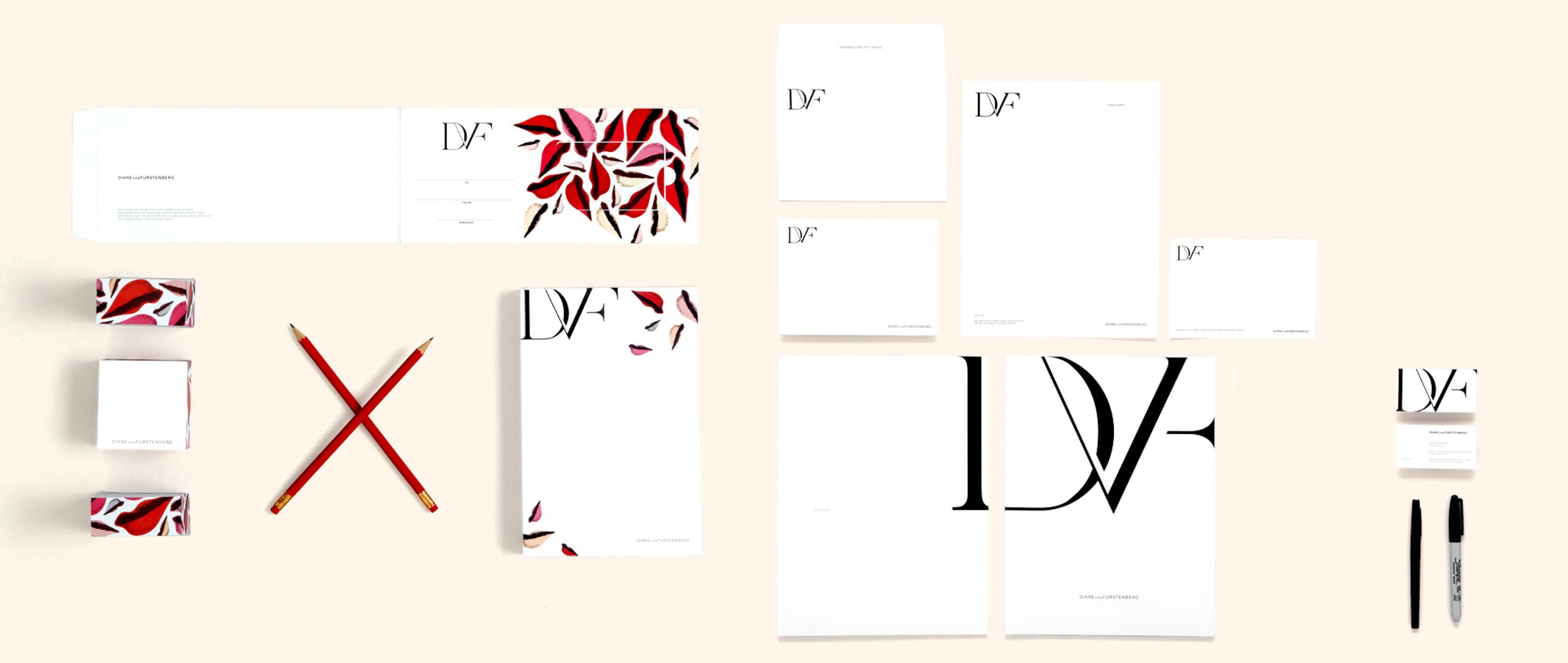 Image showing the DVF collateral including gift cards, pencils, envelopes, letterhead, businesscards.