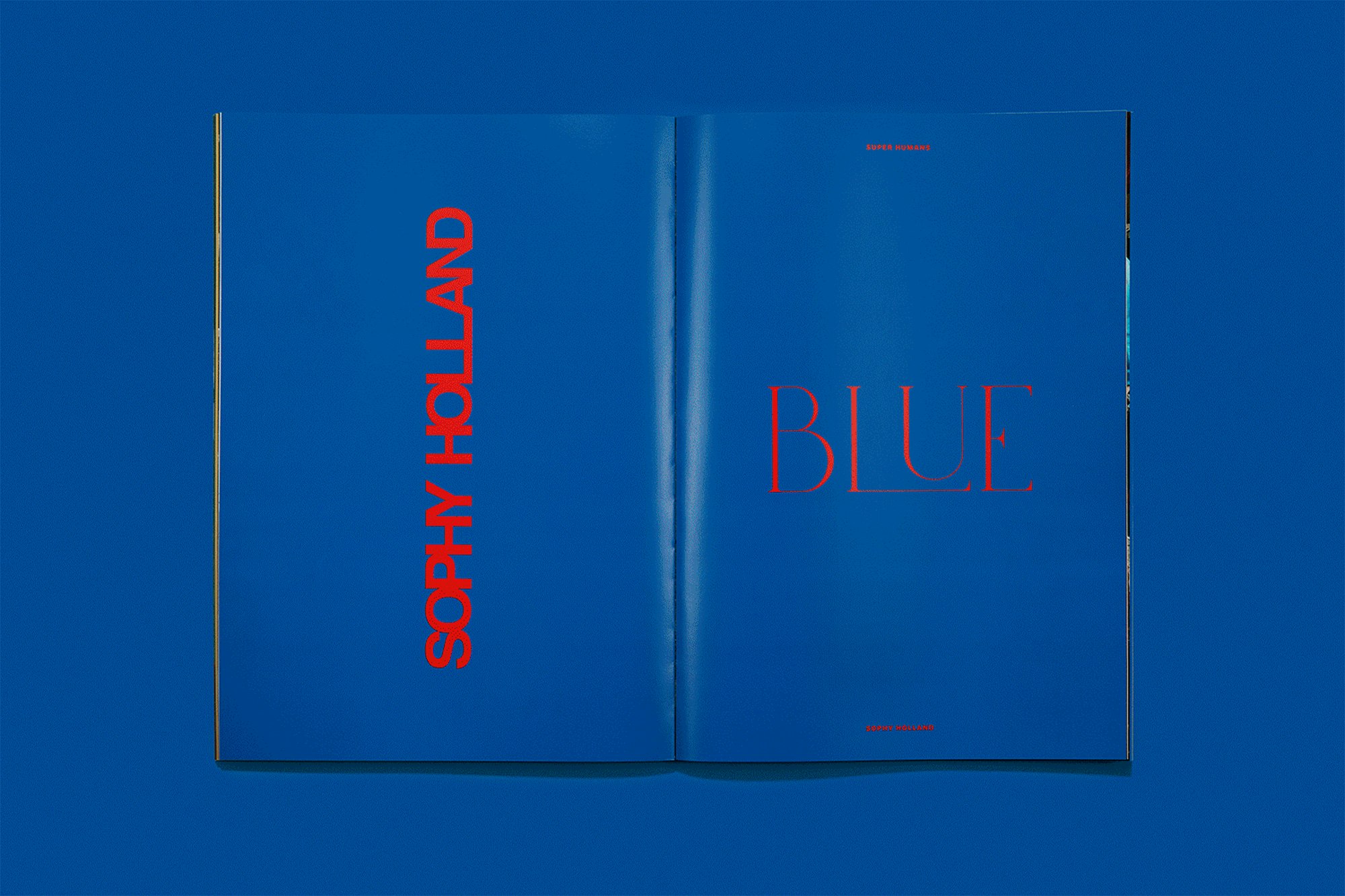 Image shows a book open to two blue pages on a blue background with the words SOPHY HOLLAND and BLUE on it.