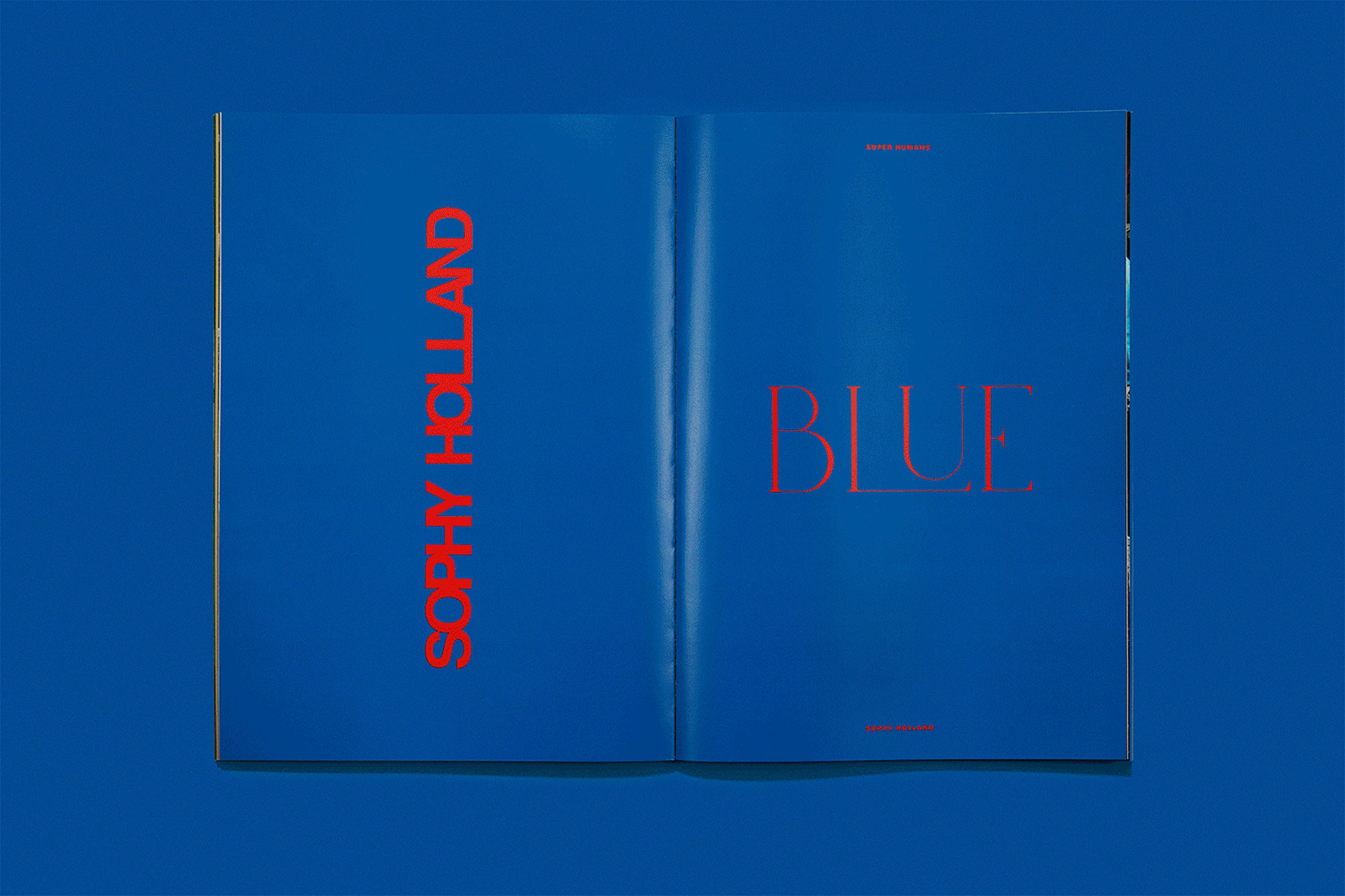 Image shows a book open to two blue pages on a blue background with the words SOPHY HOLLAND and BLUE on it.