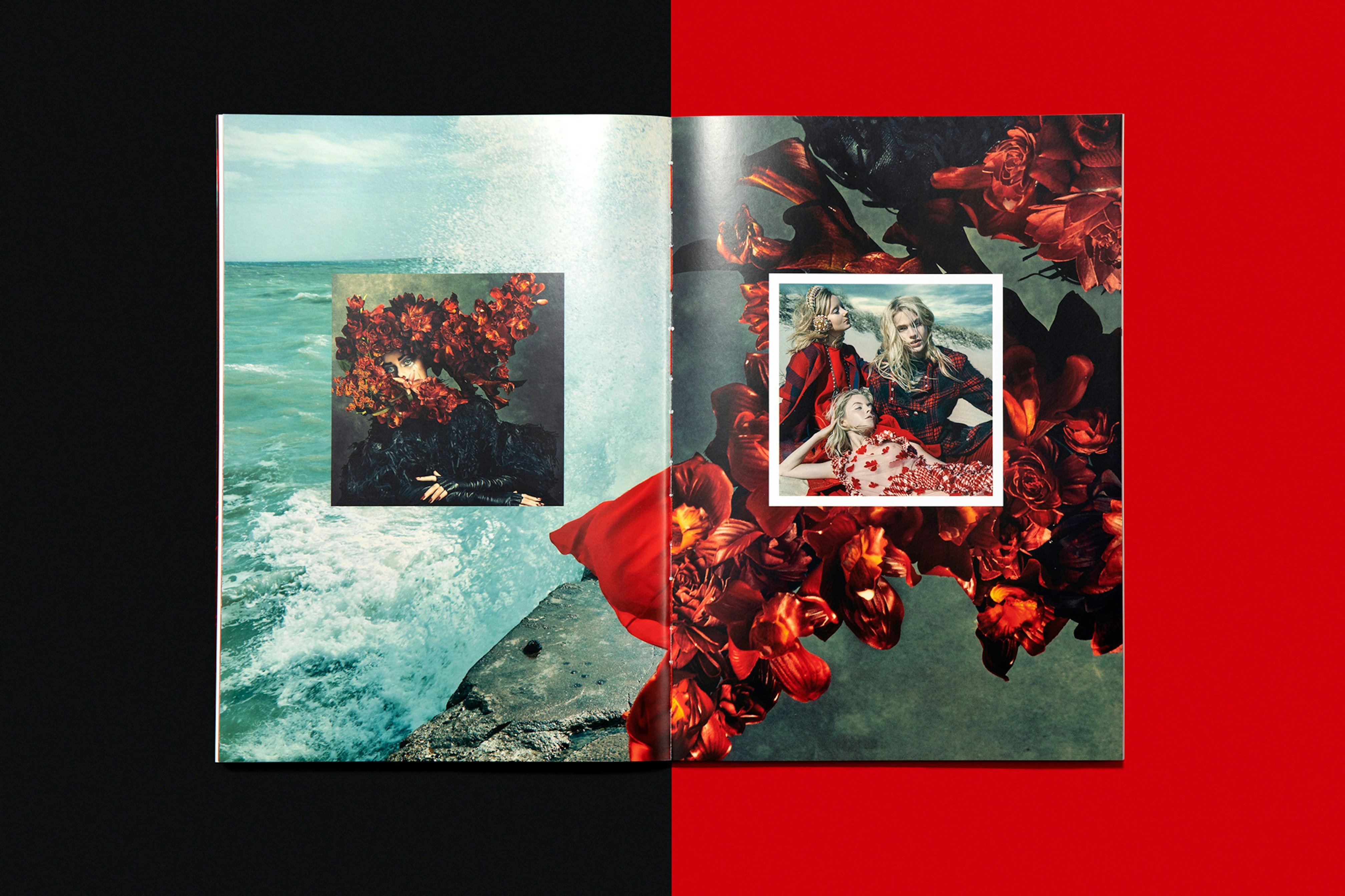 Image shows a spread that collages images of people on a beach with a person wearing a headpiece made of red flowers. 