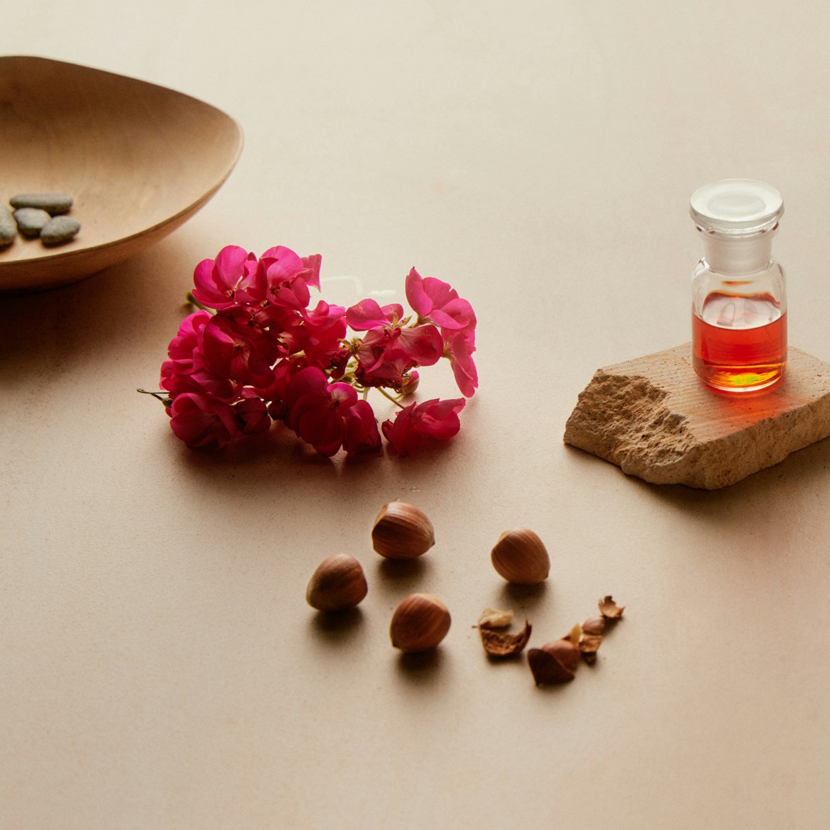 A photo of some of the ingredients in the creams. There is a pink flower, a small glass bottle with an orange oil, and a handful of hazelnuts. In the background there is a wooden bowl with a few dark grey pebbles inside.