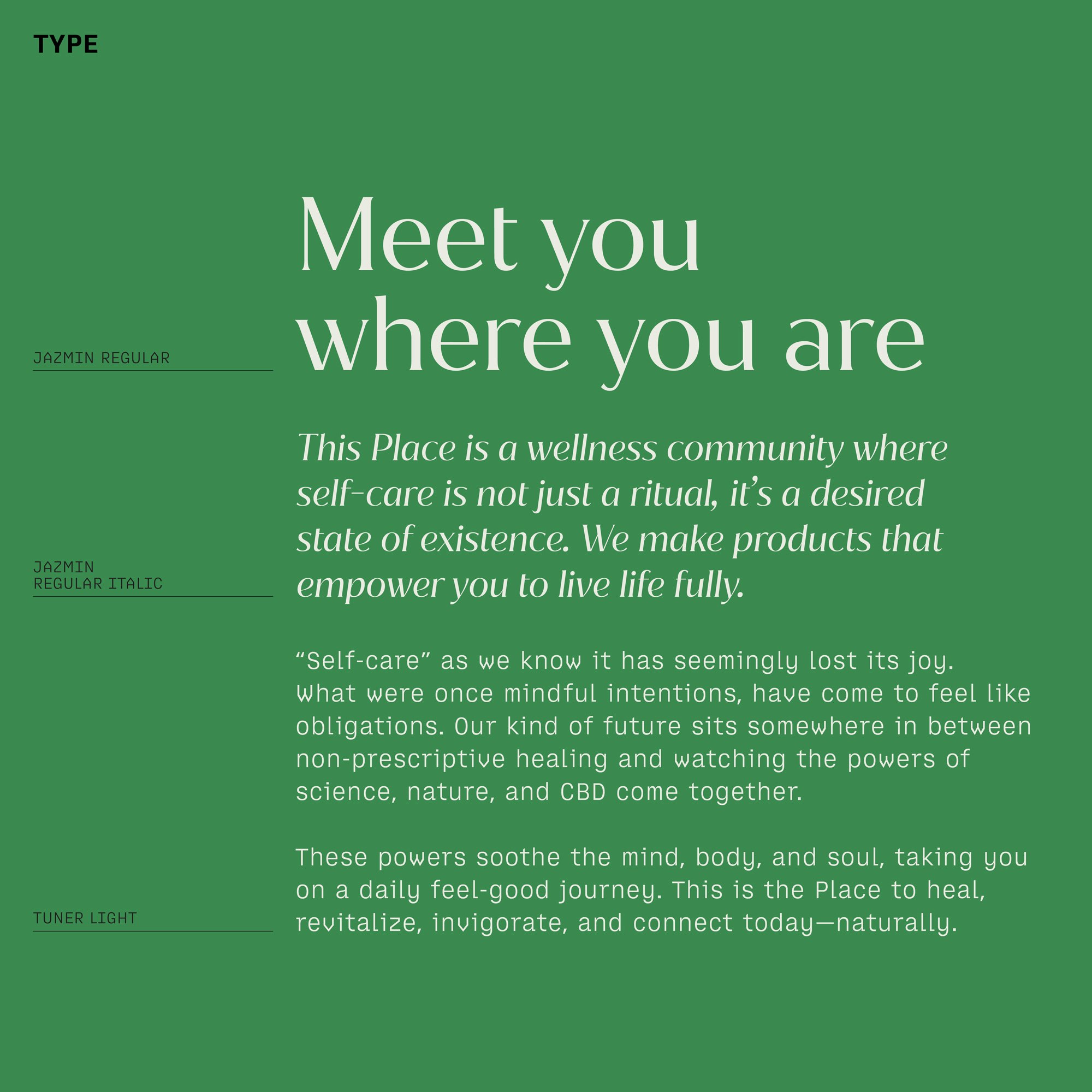 Cream type on a green ground showing the three brand fonts.