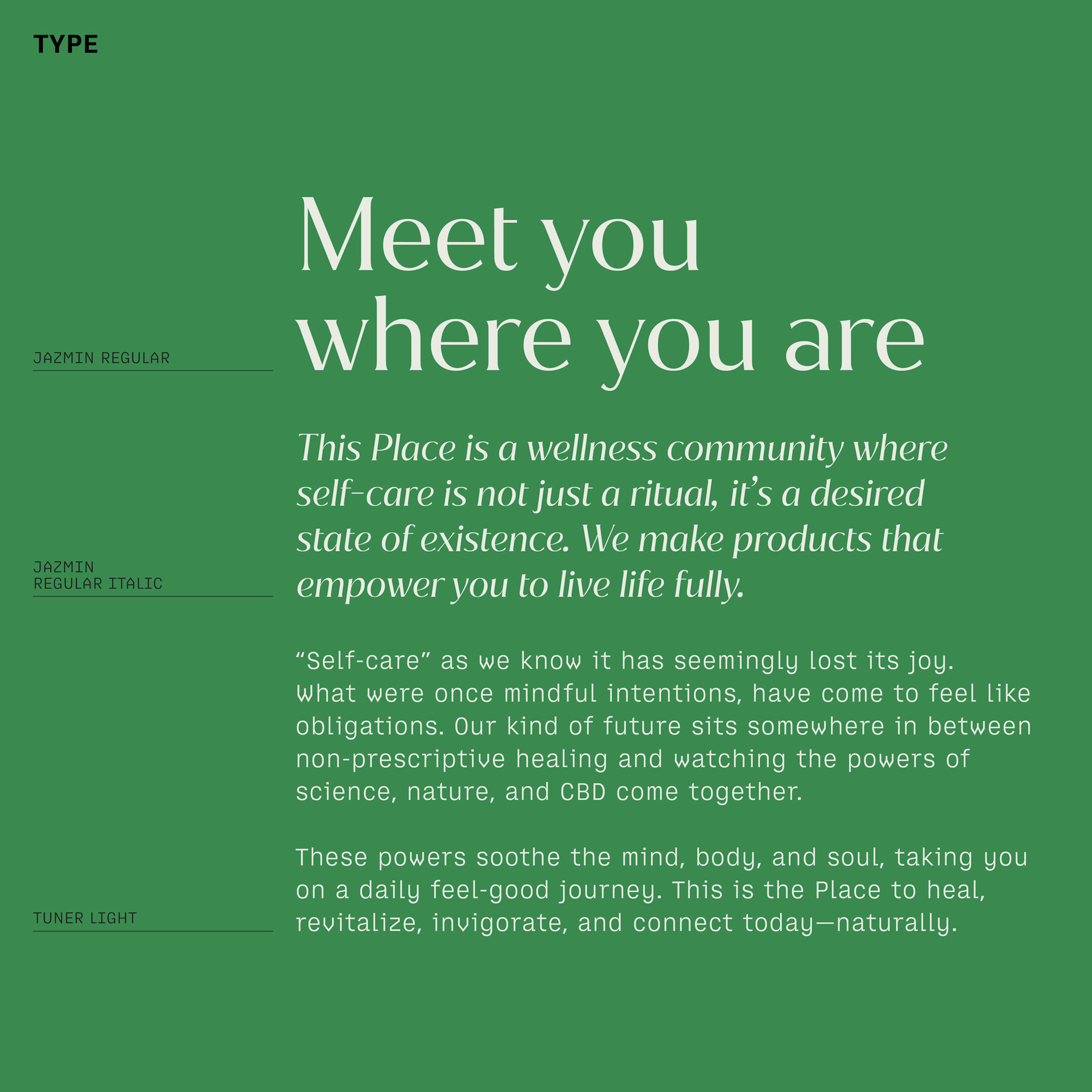 Cream type on a green ground showing the three brand fonts.