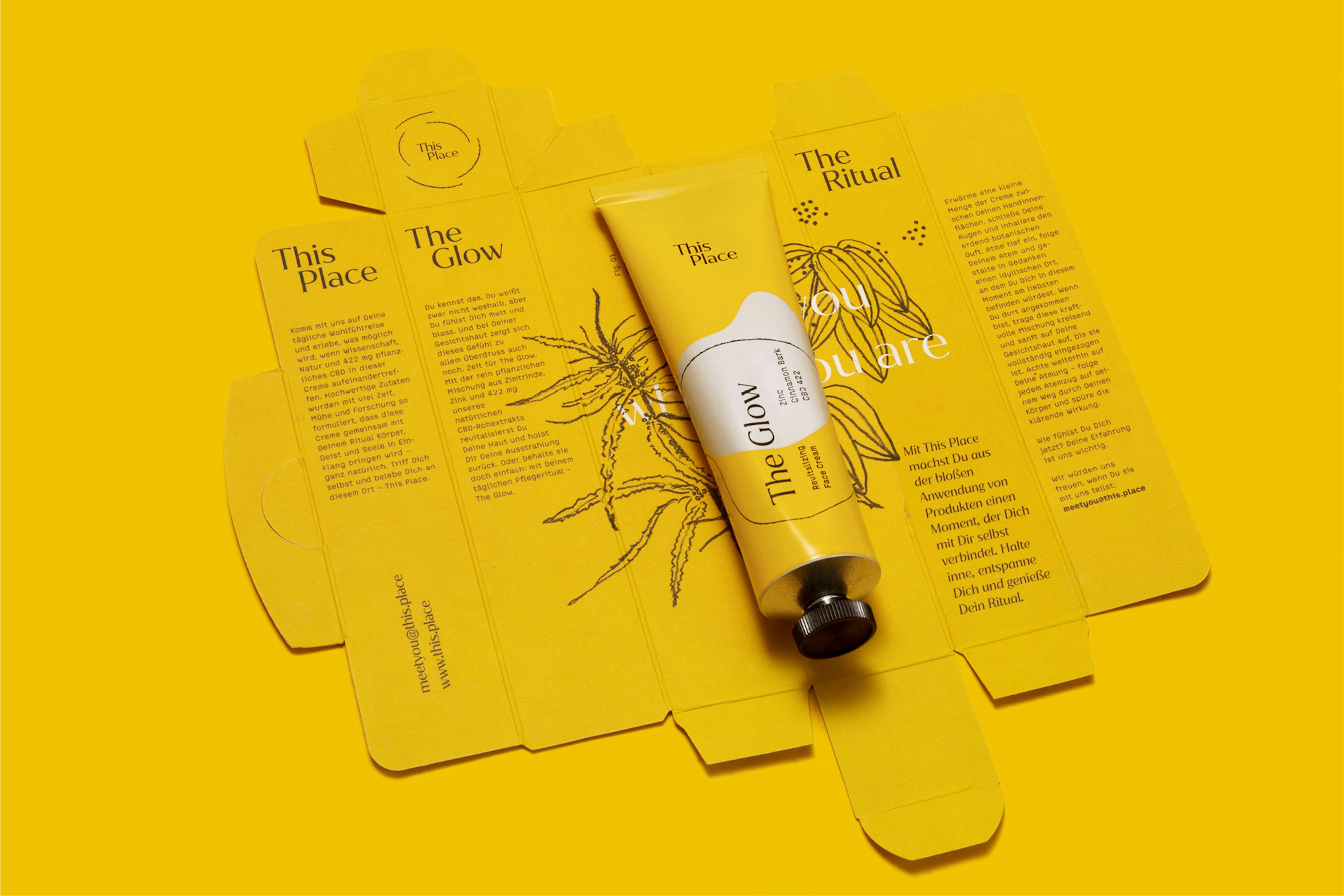 Image showing the yellow tube lying on top of the open, flattened packaging.