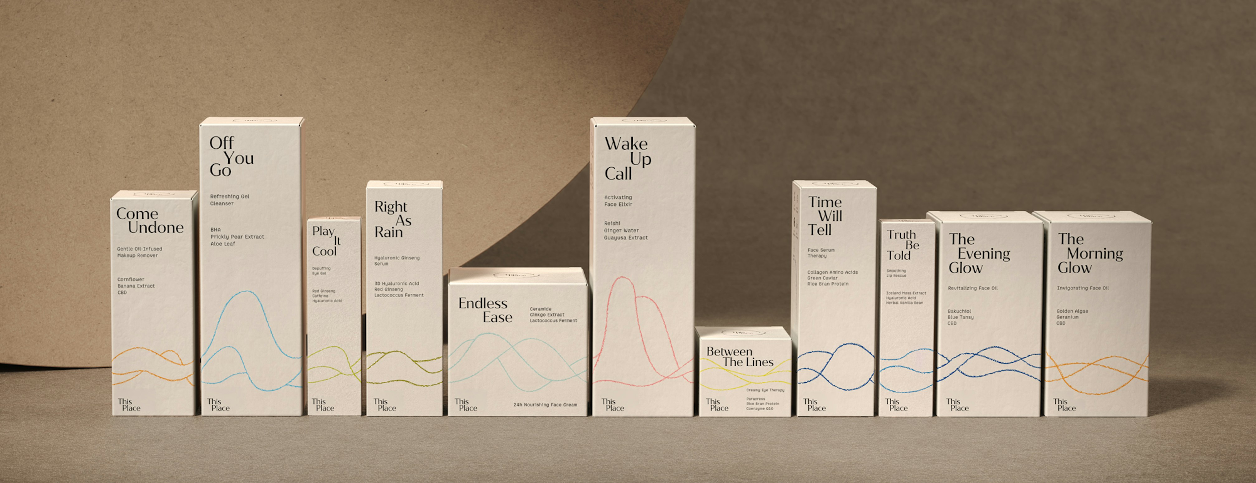 A 3D rendering showing 12 different size boxes next to each other. There are multi-colored lines connecting the boxes across the front.