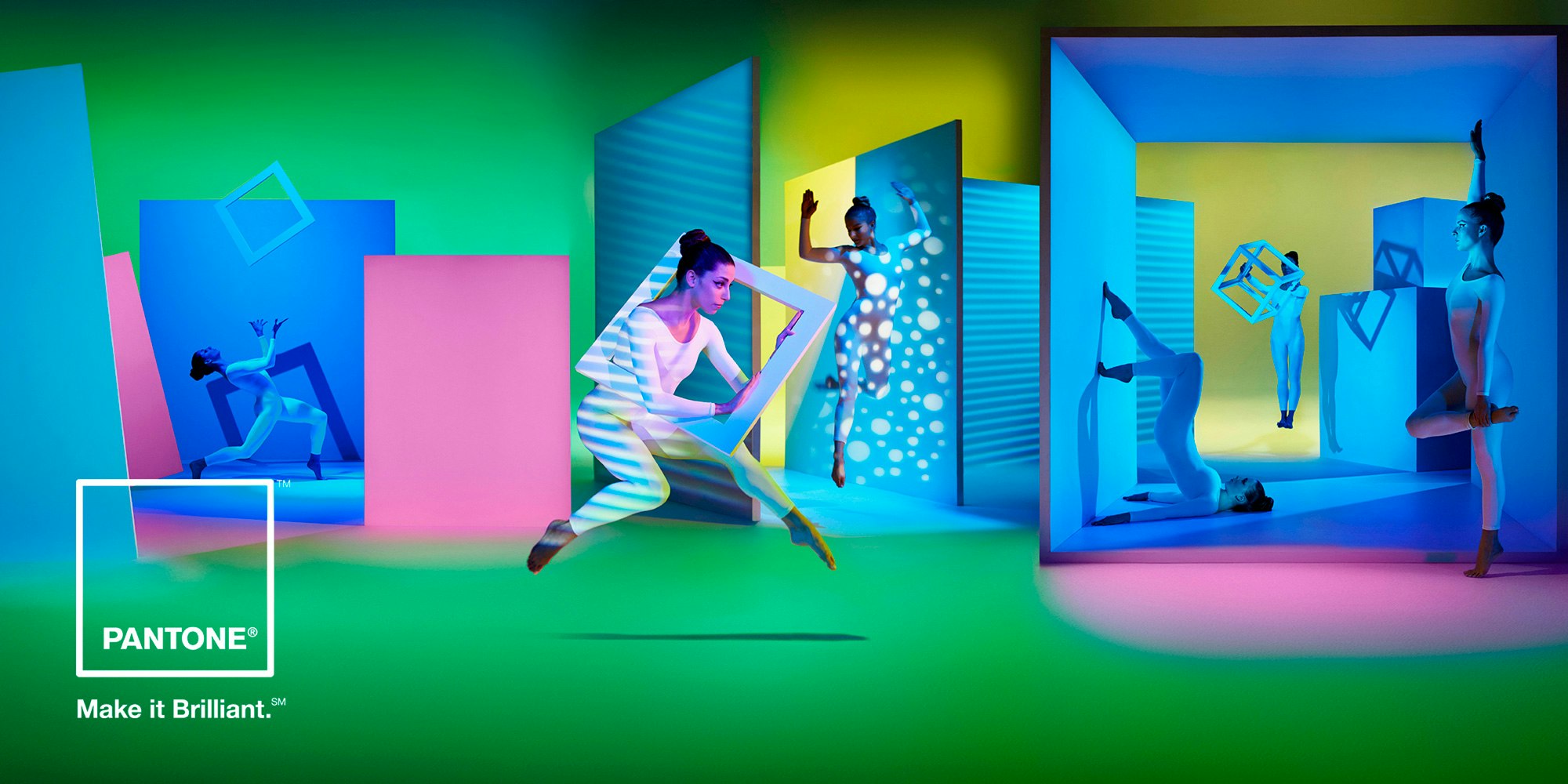 Image showing six people dancing in white leotards against yellow, green, blue, pink colors and shapes.