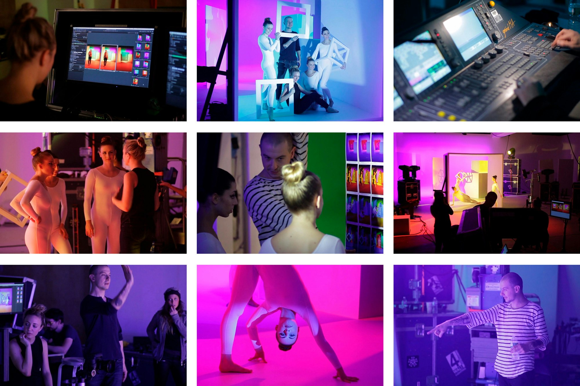 3 x 3 grid showing images from behind the scenes of the photoshoot.