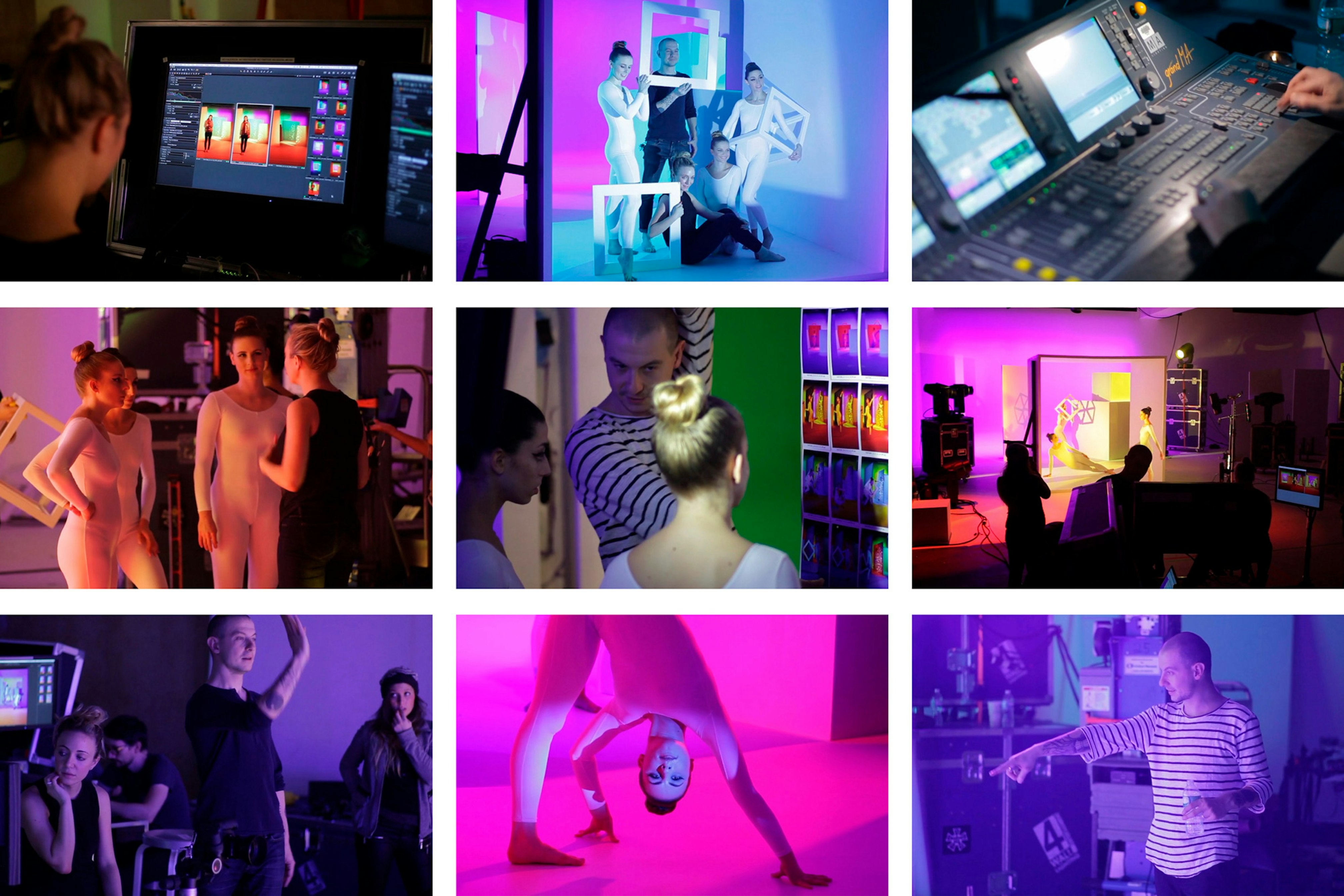 3 x 3 grid showing images from behind the scenes of the photoshoot.