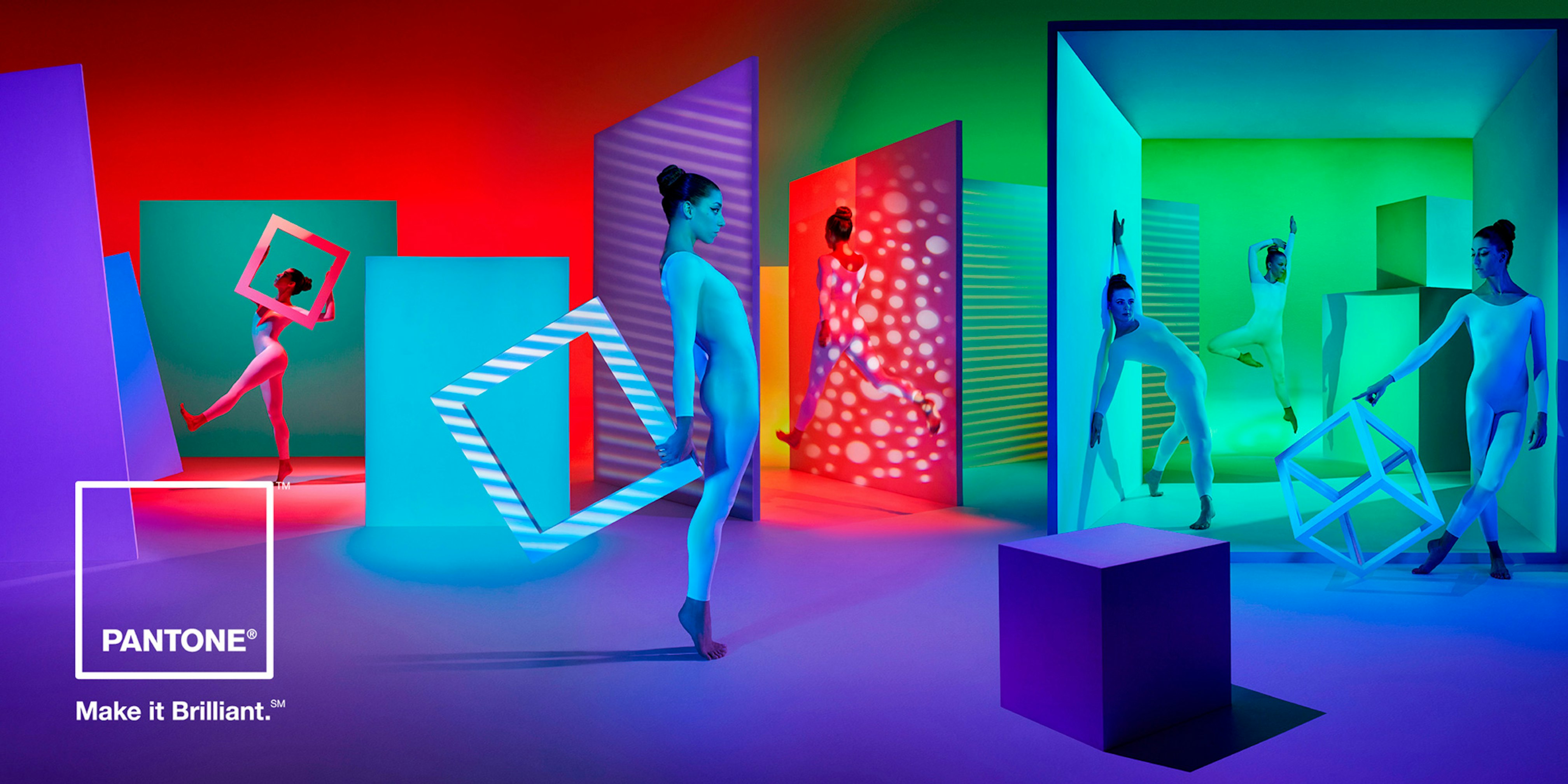 Image showing six people wearing white leotards dancing in font of red, teal, blue, violet colors and shapes.