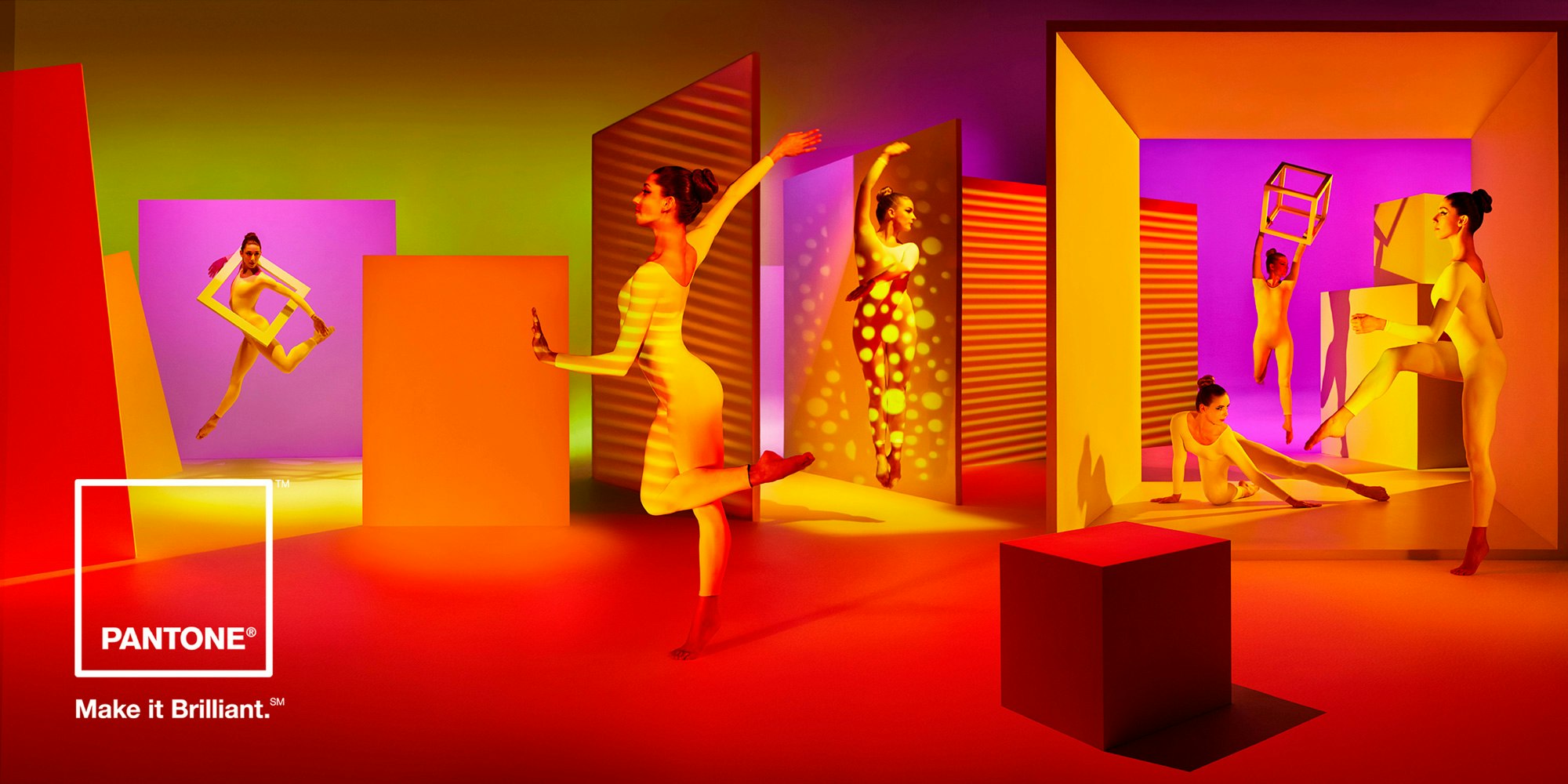 Image showing six people dancing in white leotards against backgrounds and props in shades of red, orange, yellow, violet.