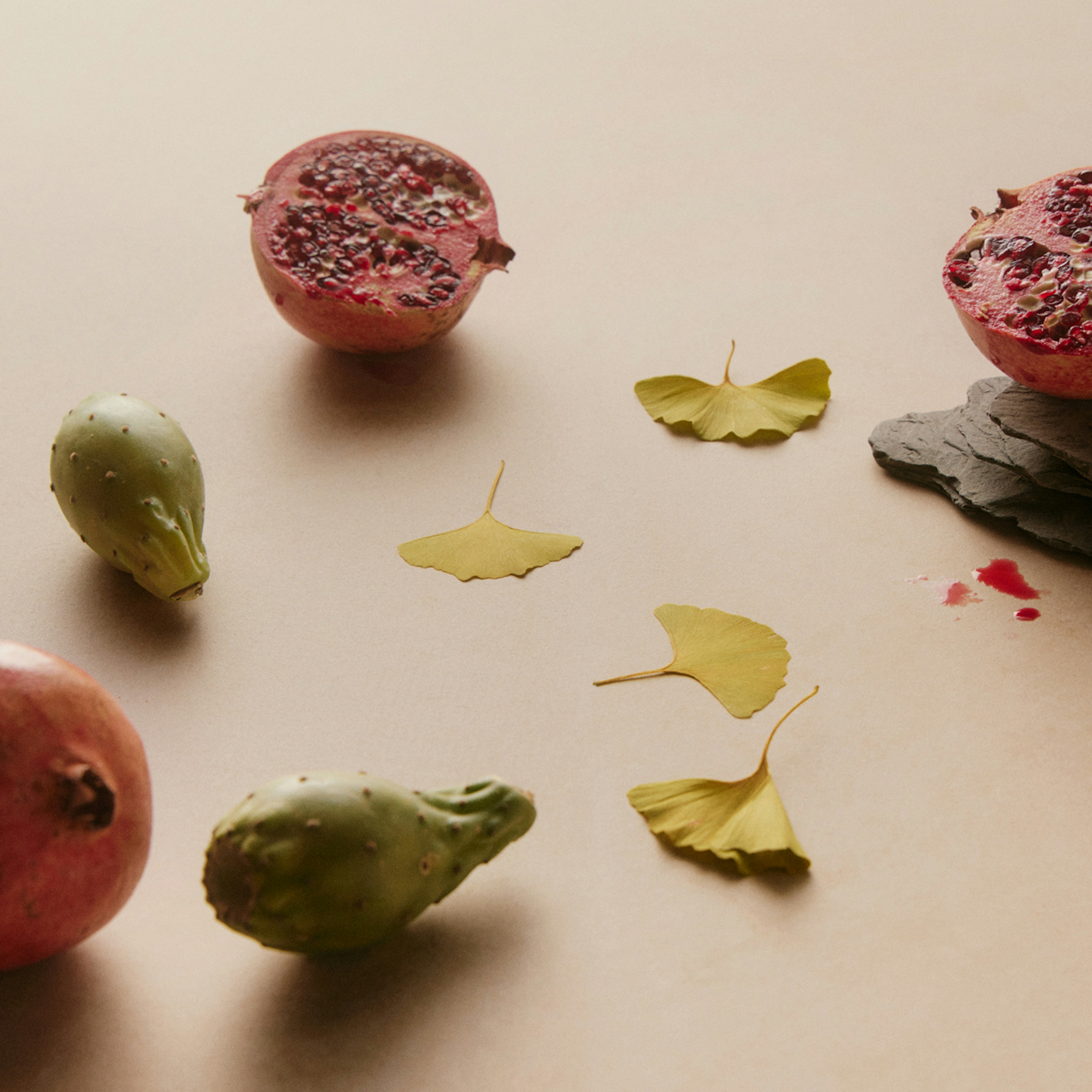 A photo showing two pomegranates, one cut in half, as well as two prickly pears and four ginko leaves.