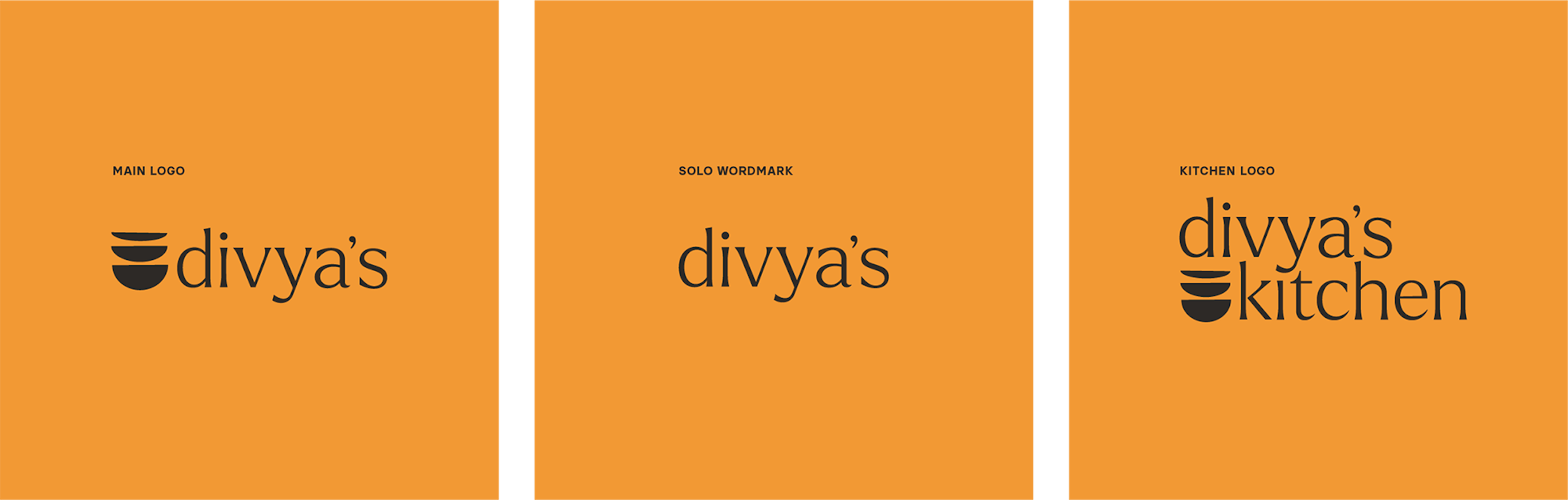 Divya's Logo Variations. The first one is main logo with the bowls icon on the left and the Divya's word mark on the right. The second one is solo wordmark saying divya's. The third one is kitchen logo with divya's on the first line, and the bowls icon and kitchen on second line.