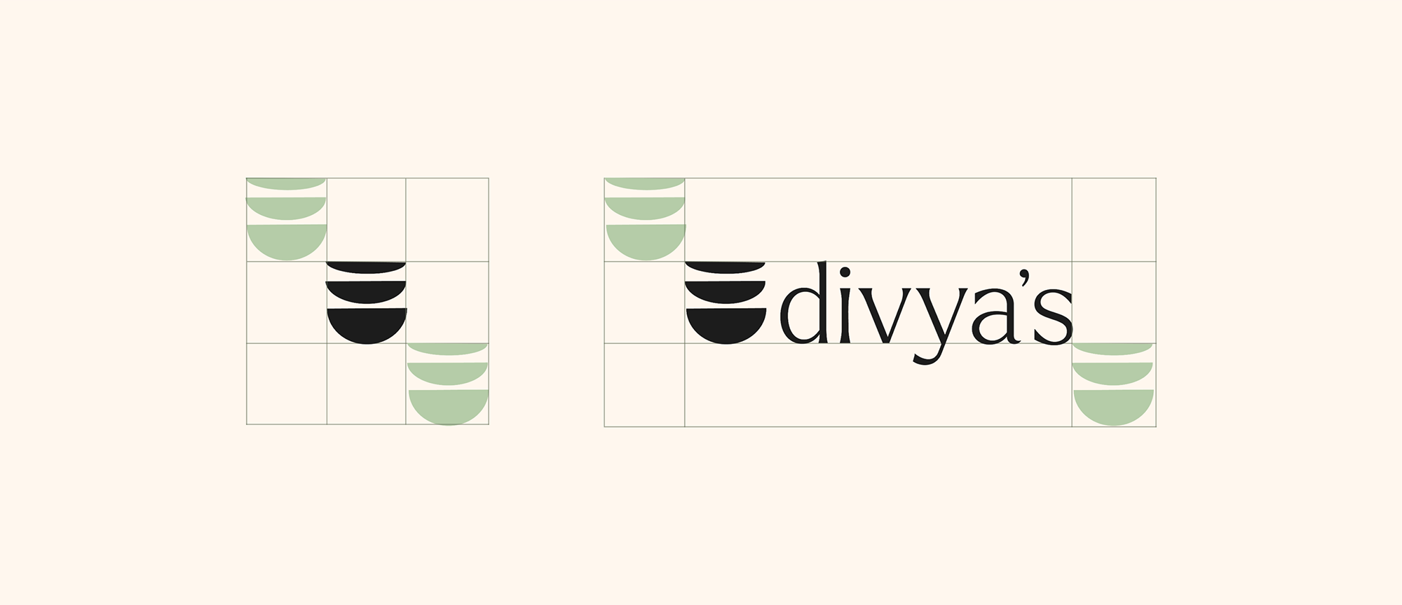 Divya's logos safe space using the 3 bowls icons. the main logos in black, the safe space bowls and grid in green on a beige background.