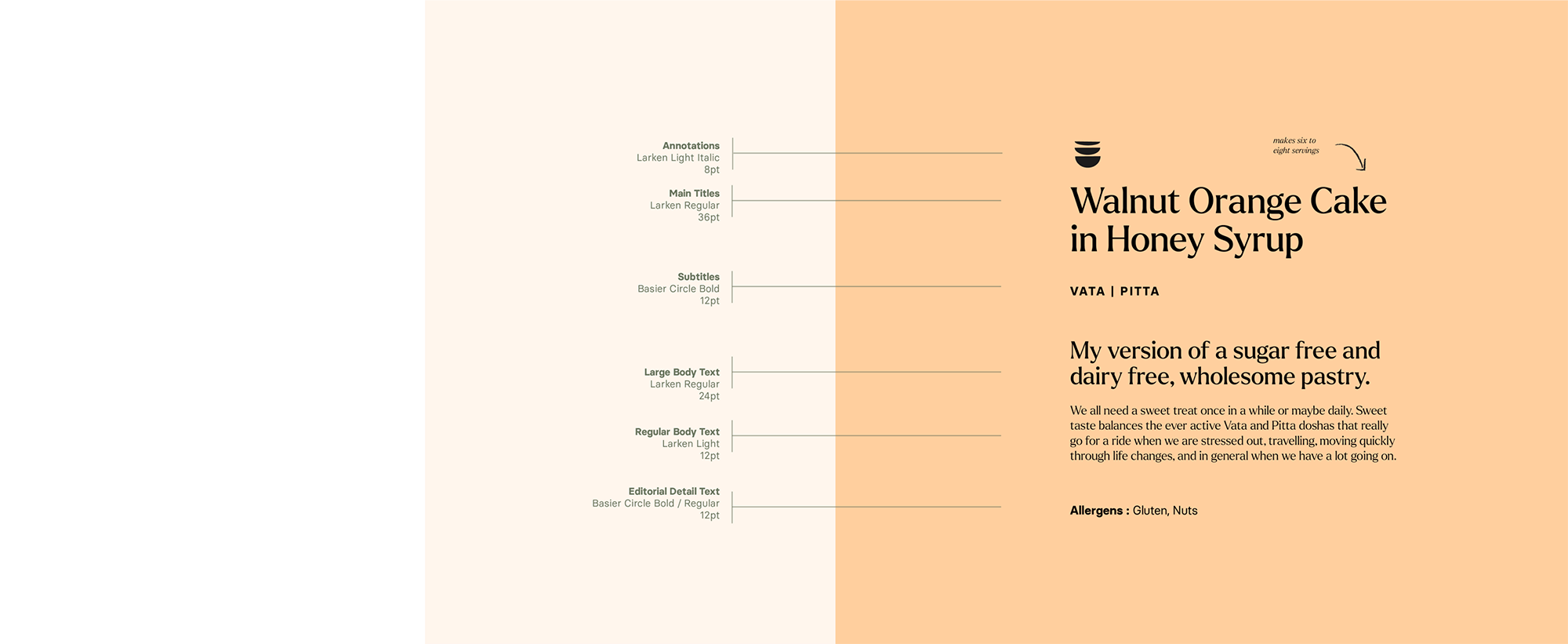 Divya's type hierarchy with annotations, main titles, subtitles, large body text, regular body text, editorial detail text. The sample text is in black on the light orange background and the instruction is in green on a beige background.
