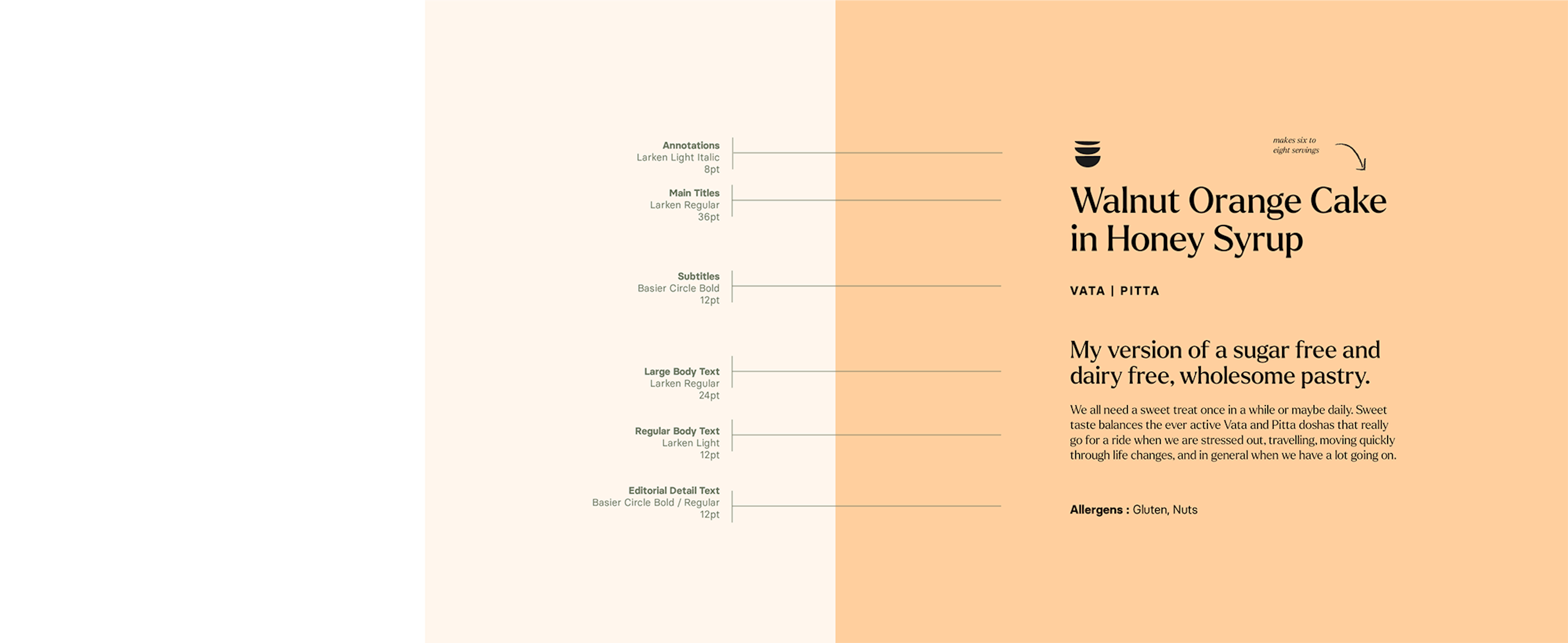 Divya's type hierarchy with annotations, main titles, subtitles, large body text, regular body text, editorial detail text. The sample text is in black on the light orange background and the instruction is in green on a beige background.