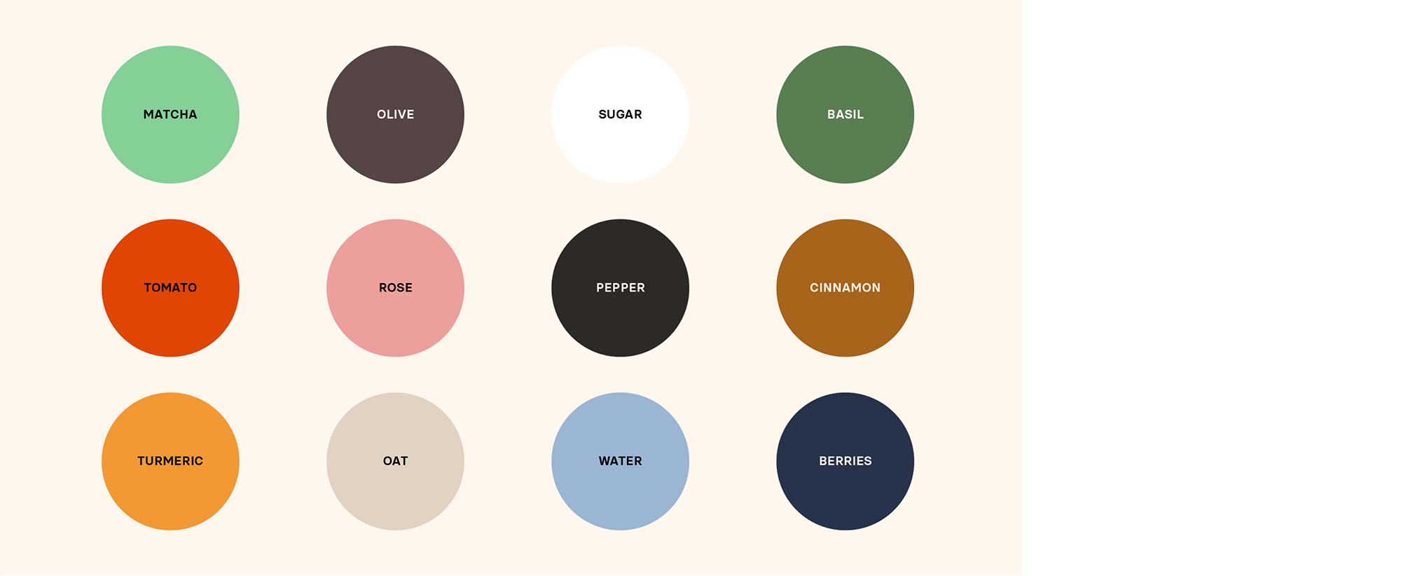 Divya's Colors with matcha, olive, sugar, basil, tomato, rose, pepper, cinnamon, turmeric, oat, water, and berries.