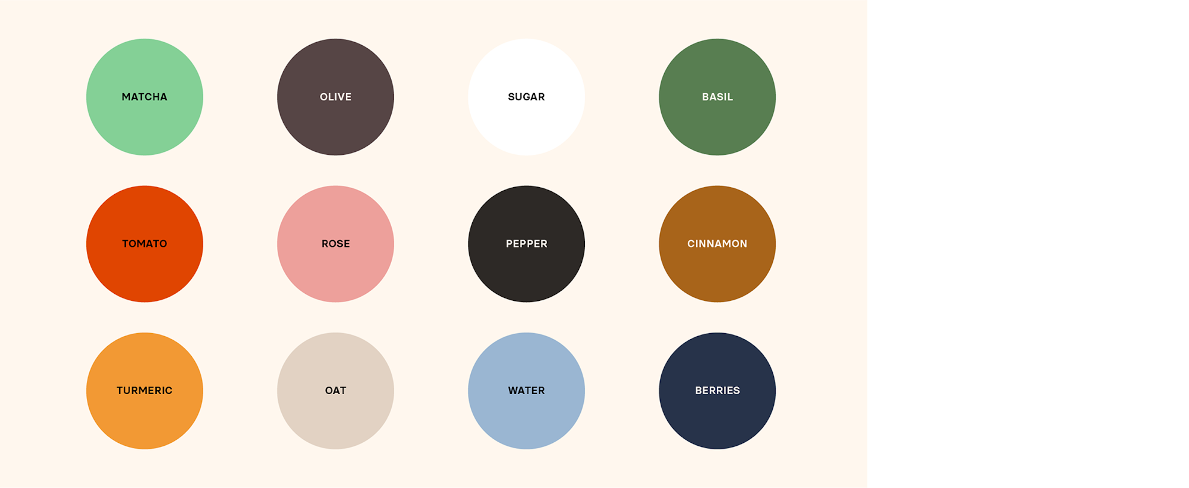 Divya's Colors with matcha, olive, sugar, basil, tomato, rose, pepper, cinnamon, turmeric, oat, water, and berries.