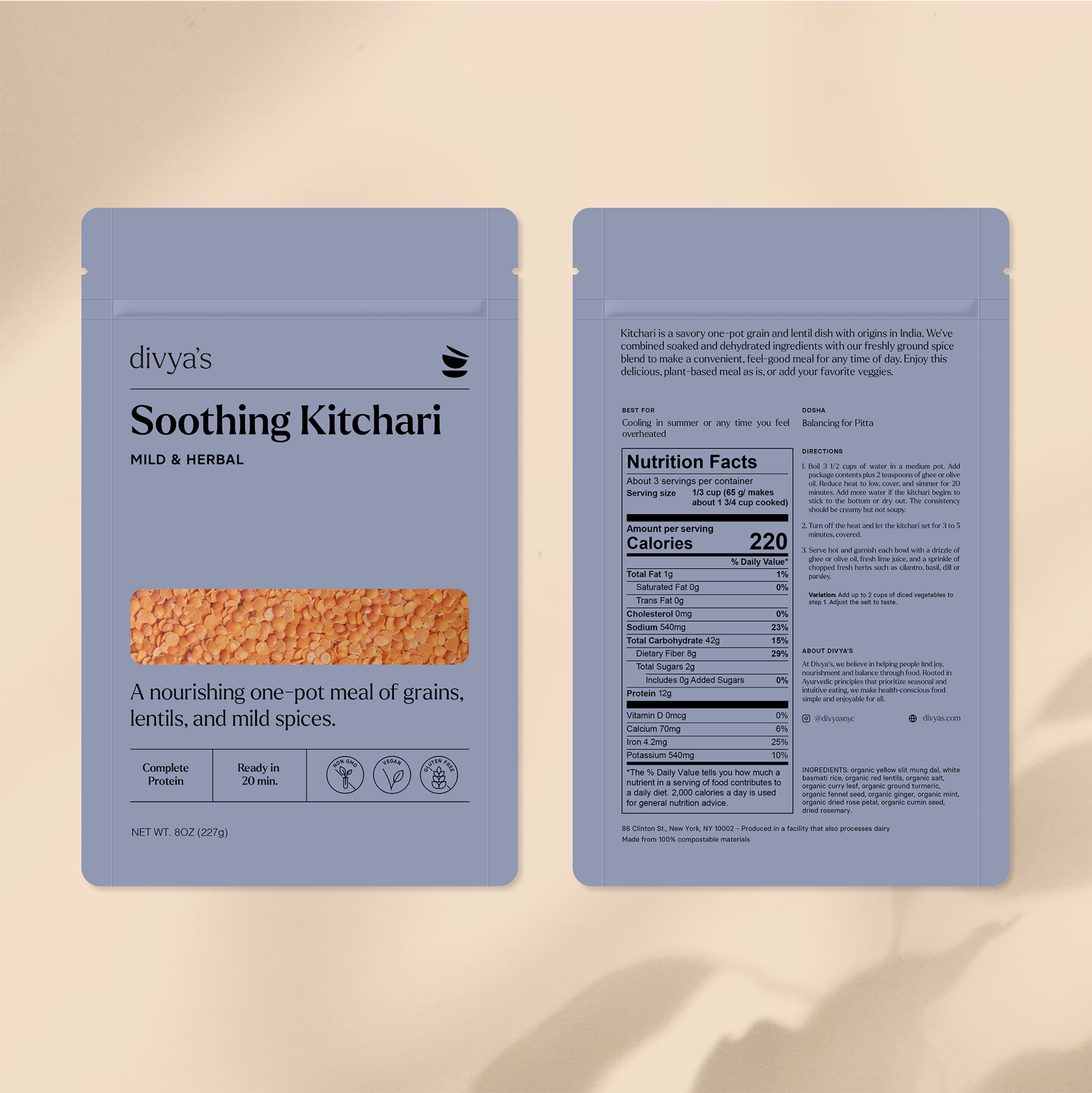 Divya's Soothing Kitchari packaging laying flat on a beige background.