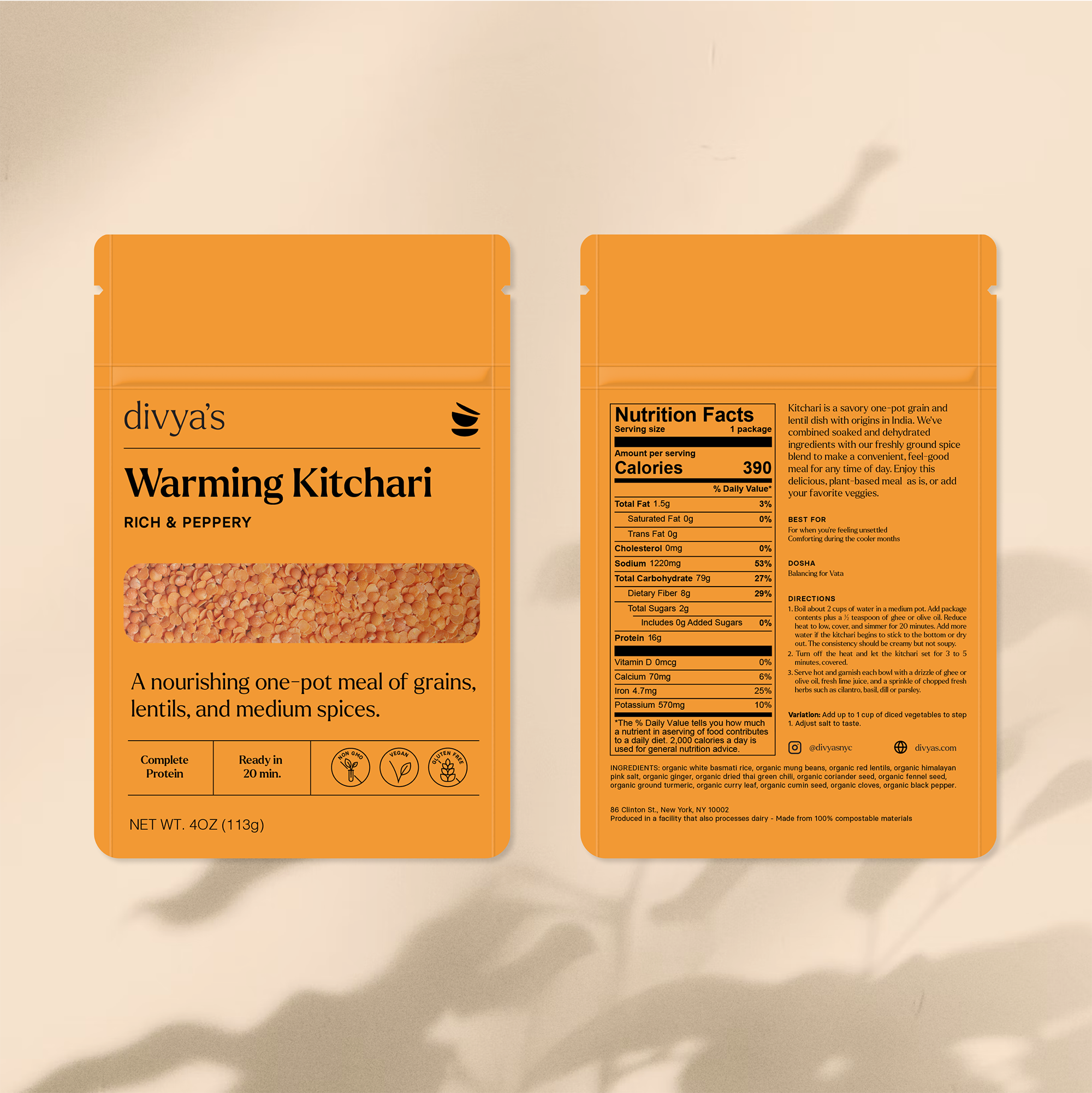 Divya's Warming Kitchari on a beige background with a leaf branch shadow.