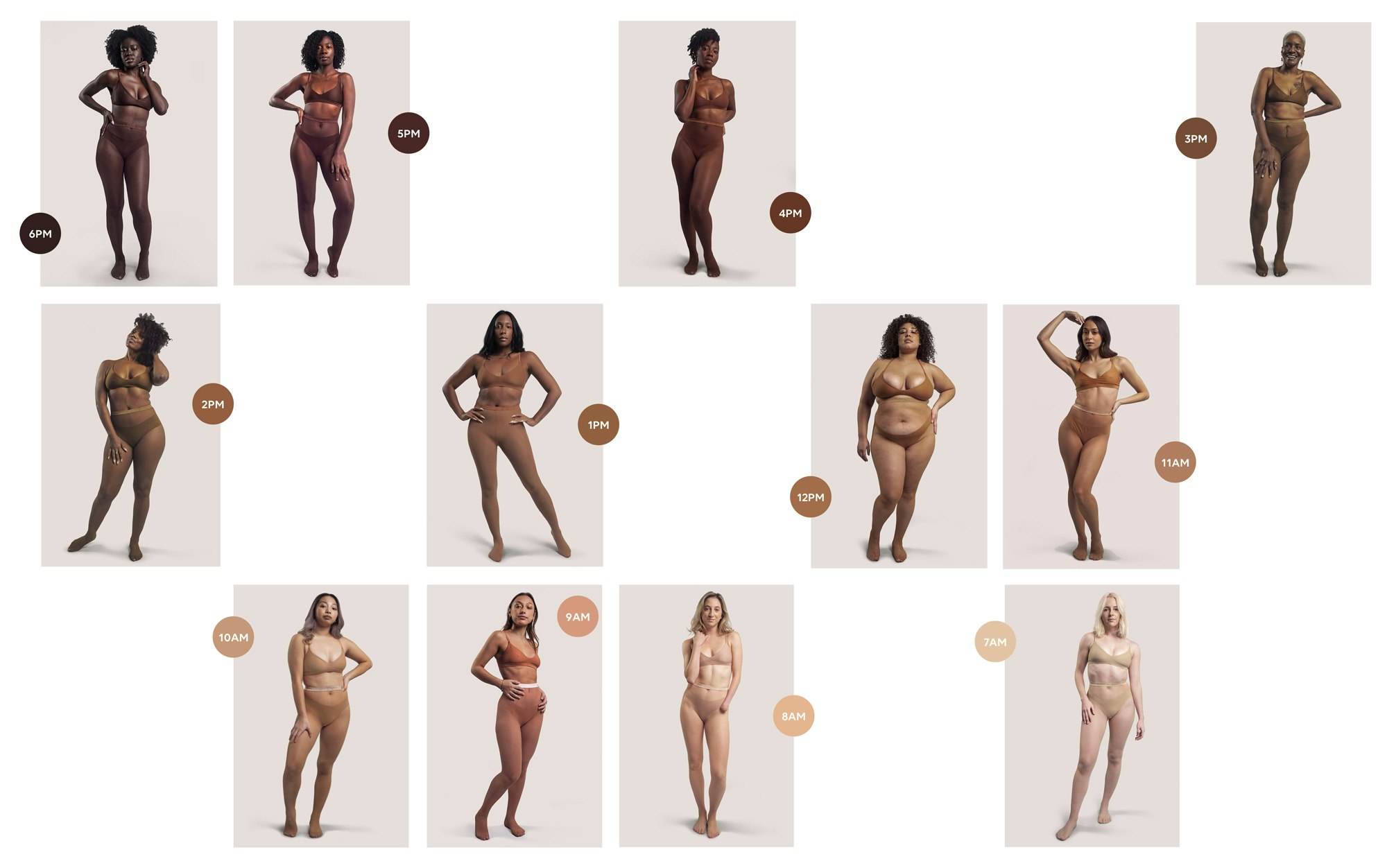 Image showing multiple images side by side each showing a different model wearing a different shade of Nude Barre. A circle is placed on each image and inside the circle is the name of the shade ranging from 6 pm to 7 am. There are 12 shades of nude in total.