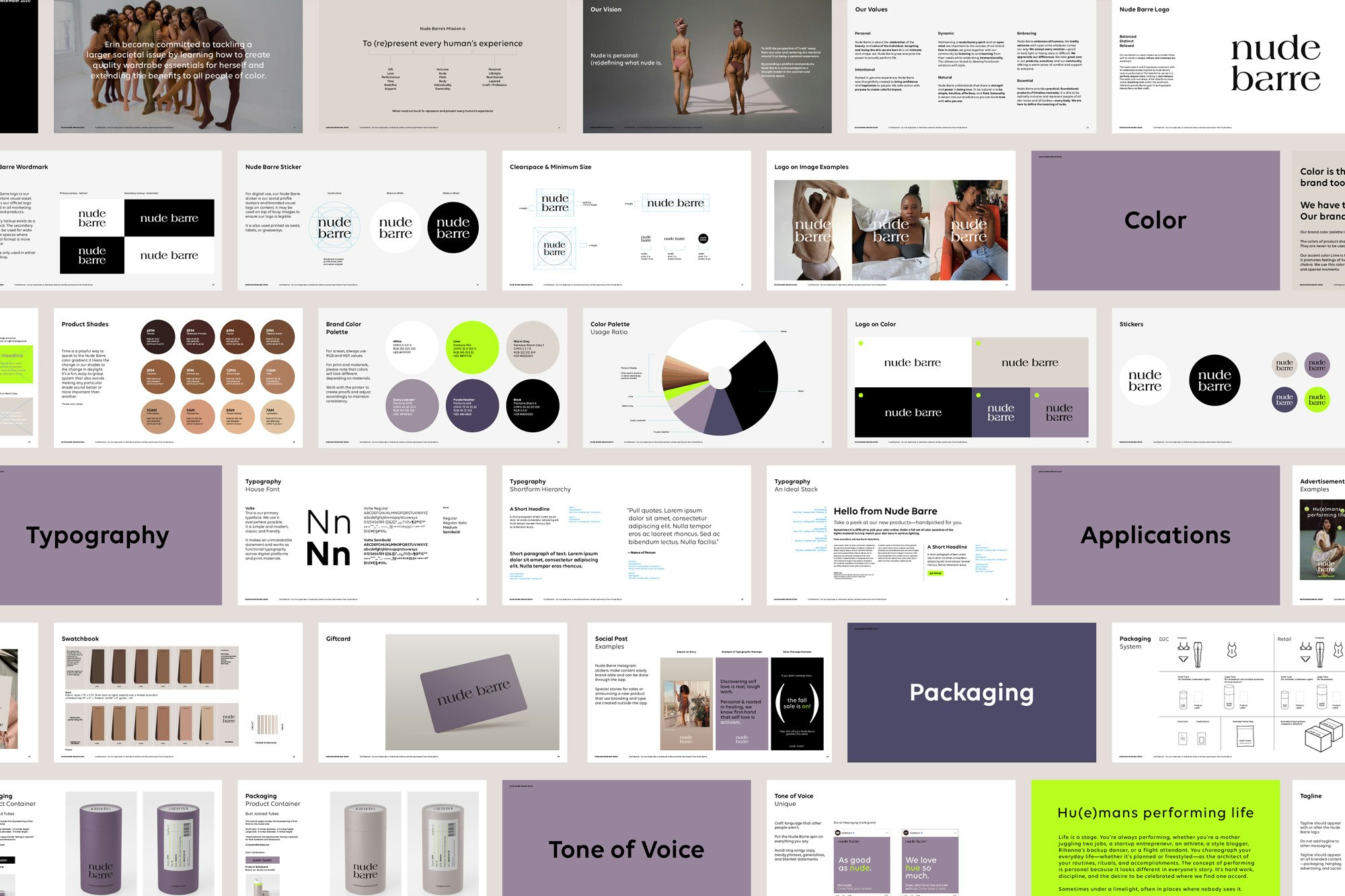 Image showing multiple pages from the Nude Barre brand style guide side by side in a grid. It shows the color palette, tagline, packaging design, icons, etc.