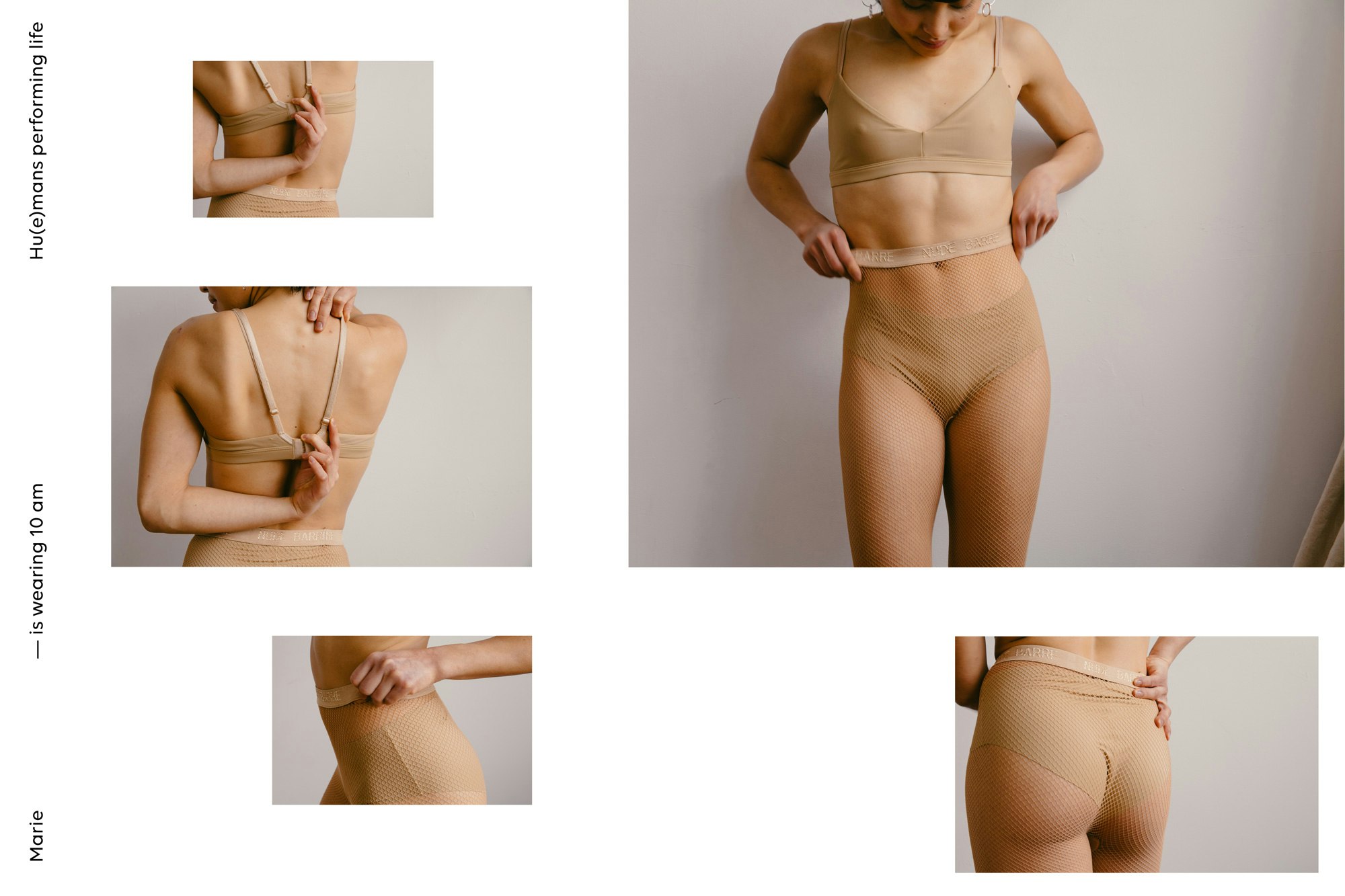 Images showing multiple crops of a person wearing a Nude Barre bralette, underpants, and fishnet stockings. They are standing against a white wall and the crops shows details of the products they are wearing.