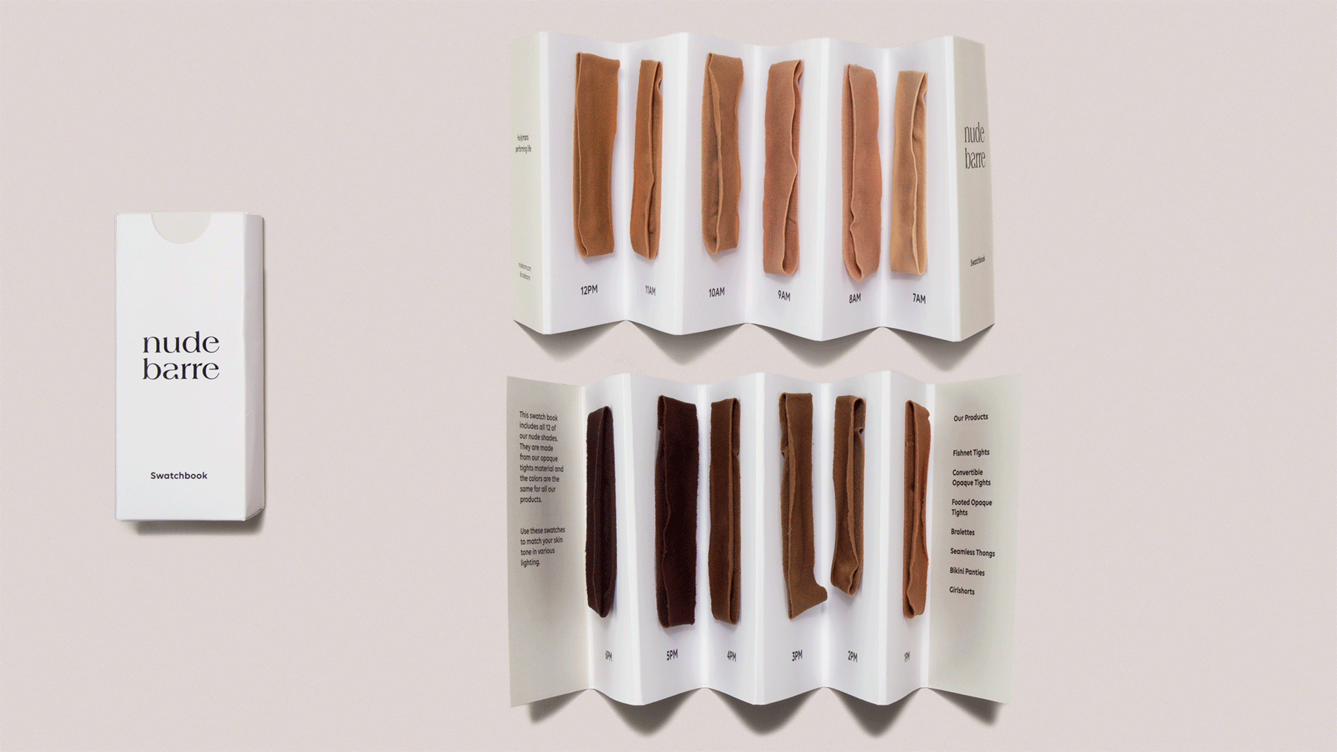 Animation showing a swatch book opening and closing. The swatches show 12 shades of nude.