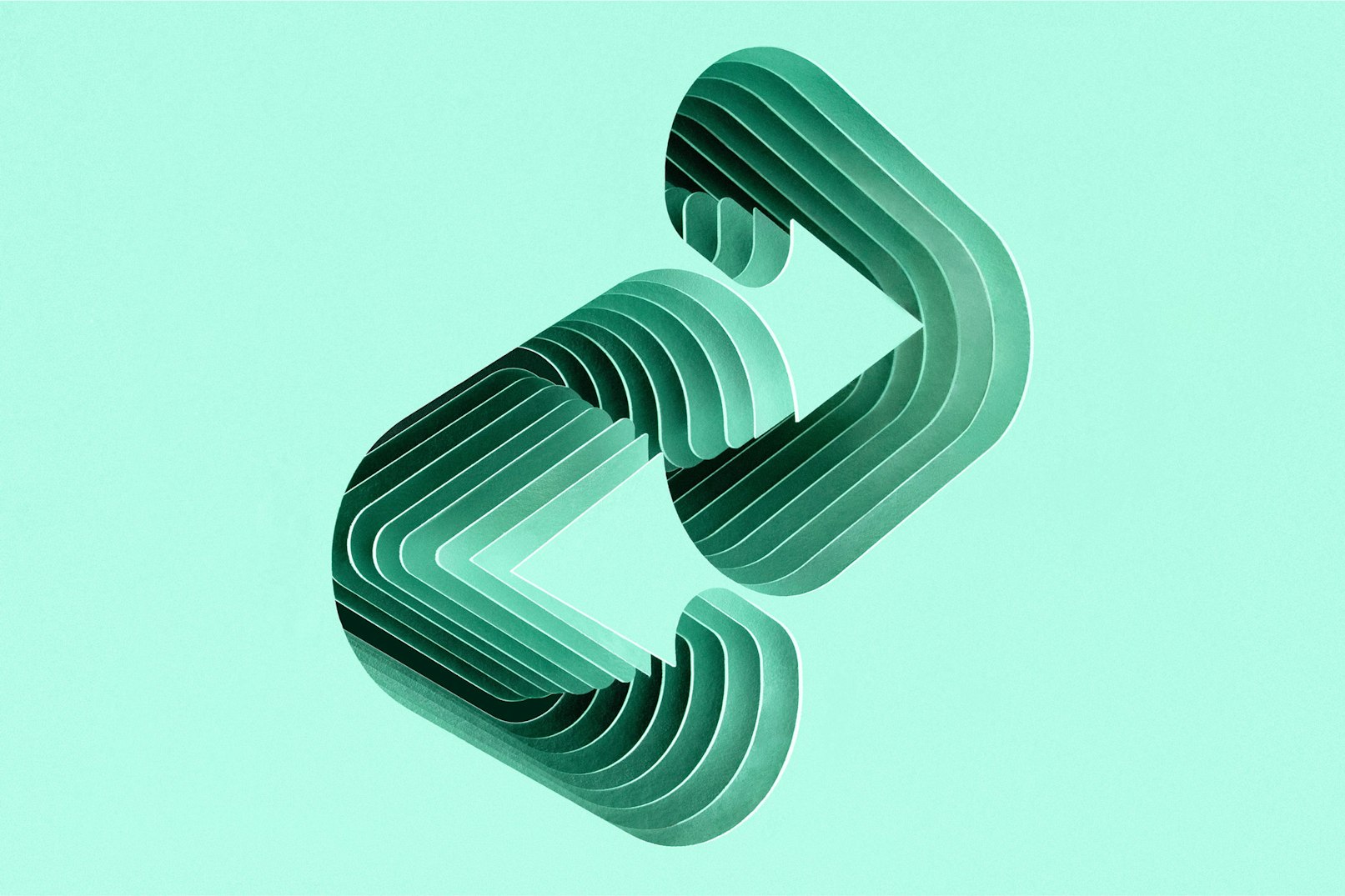 Image showing the Afterpay logo cut out of several pieces of mint colored heavy weight paper. The layers are stacked with about a quarter inch between them creating shadow and depth in the logo.
