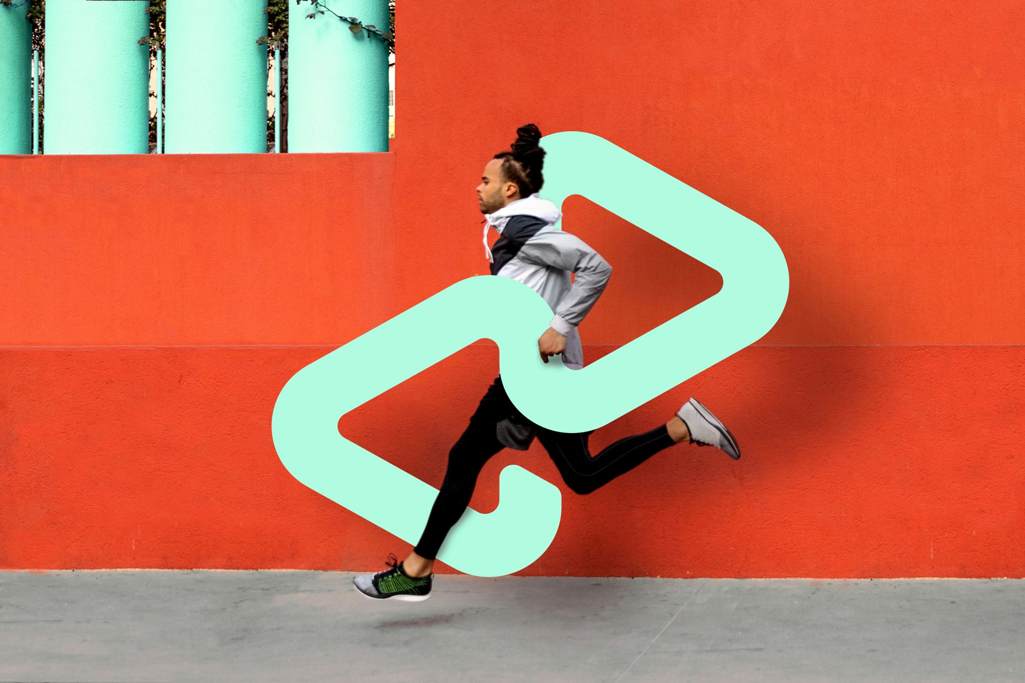 Photo showing a person in running gear running in front of a red wall on a gray concrete ground. The new bondi mint Afterpay logo is shown oversized wrapping the runner from top to bottom.