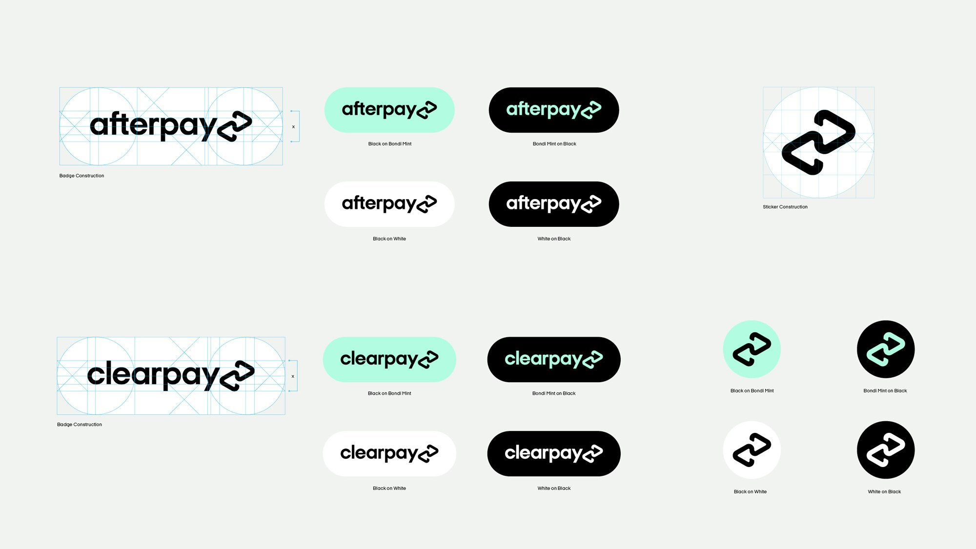 Image showing the Afterpay logo inside different sized buttons for the website and app. Some are black on white, some white on black and some in mint and black.