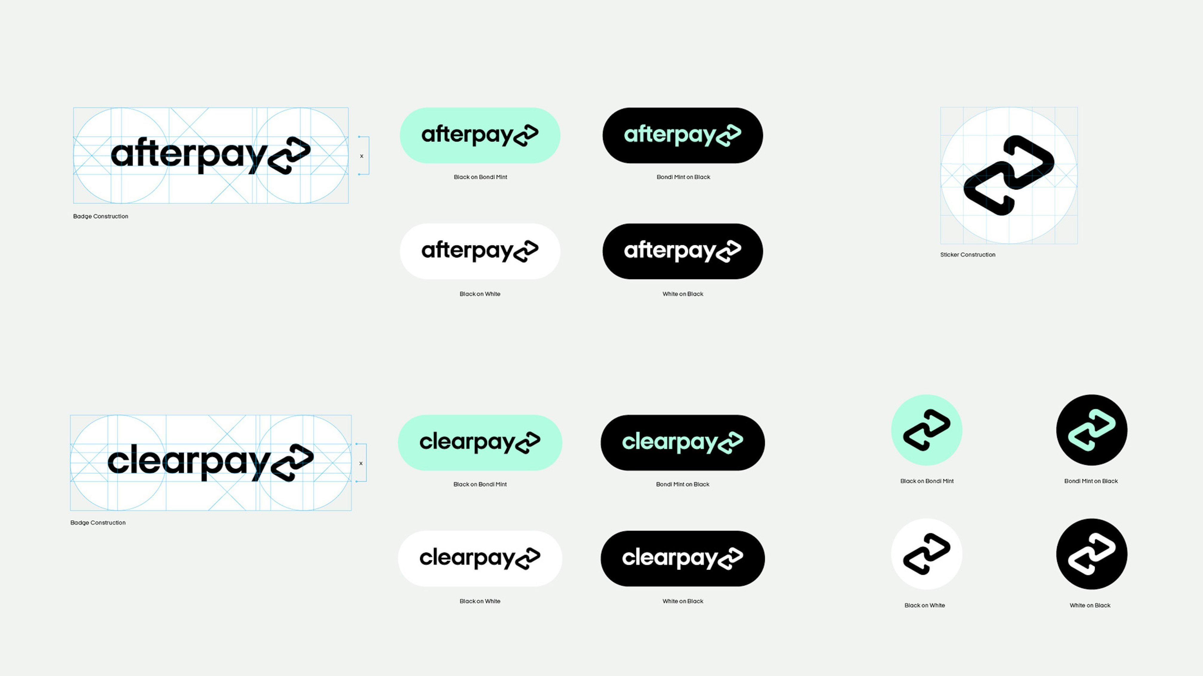 Image showing the Afterpay logo inside different sized buttons for the website and app. Some are black on white, some white on black and some in mint and black.