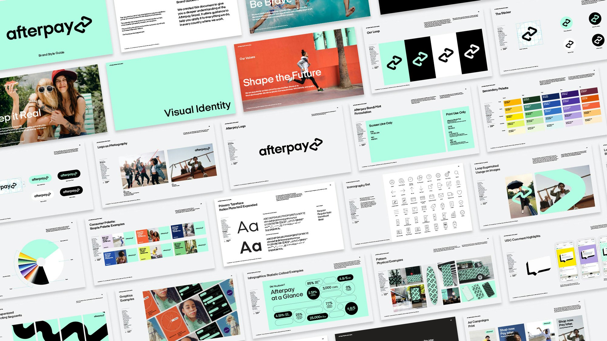 Image filled with side by side slides of what the Afterpay visual identity looks like - as out of home advertisement, as web elements, the color palette, what a credit card would look like, etc.