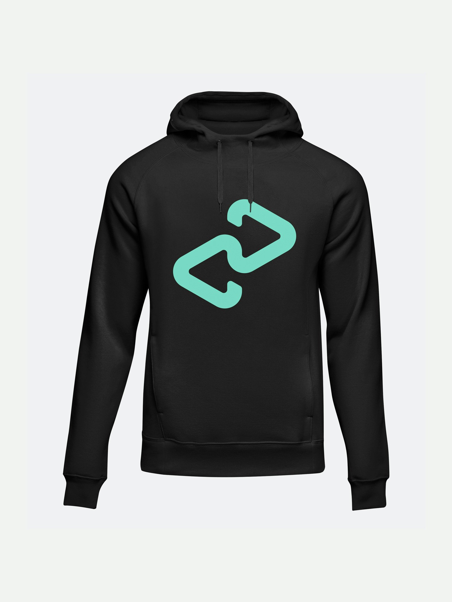 Image showing a black hoodie with the Afterpay logo in mint printed on the front.