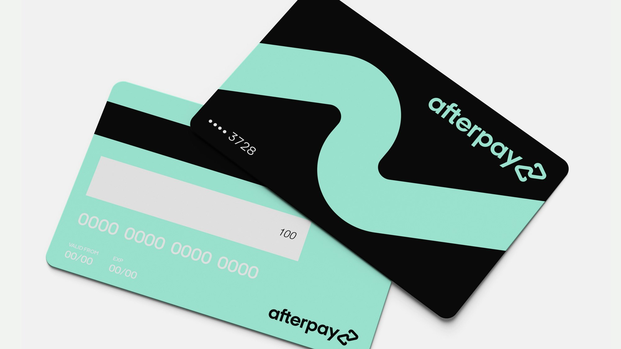 Image showing the Afterpay credit card front and back. The front is black with the Bondi mint wave across it in oversized and the Afterpay logo also in mint. The back is Bondi mint showing the Afterpay logo in black.