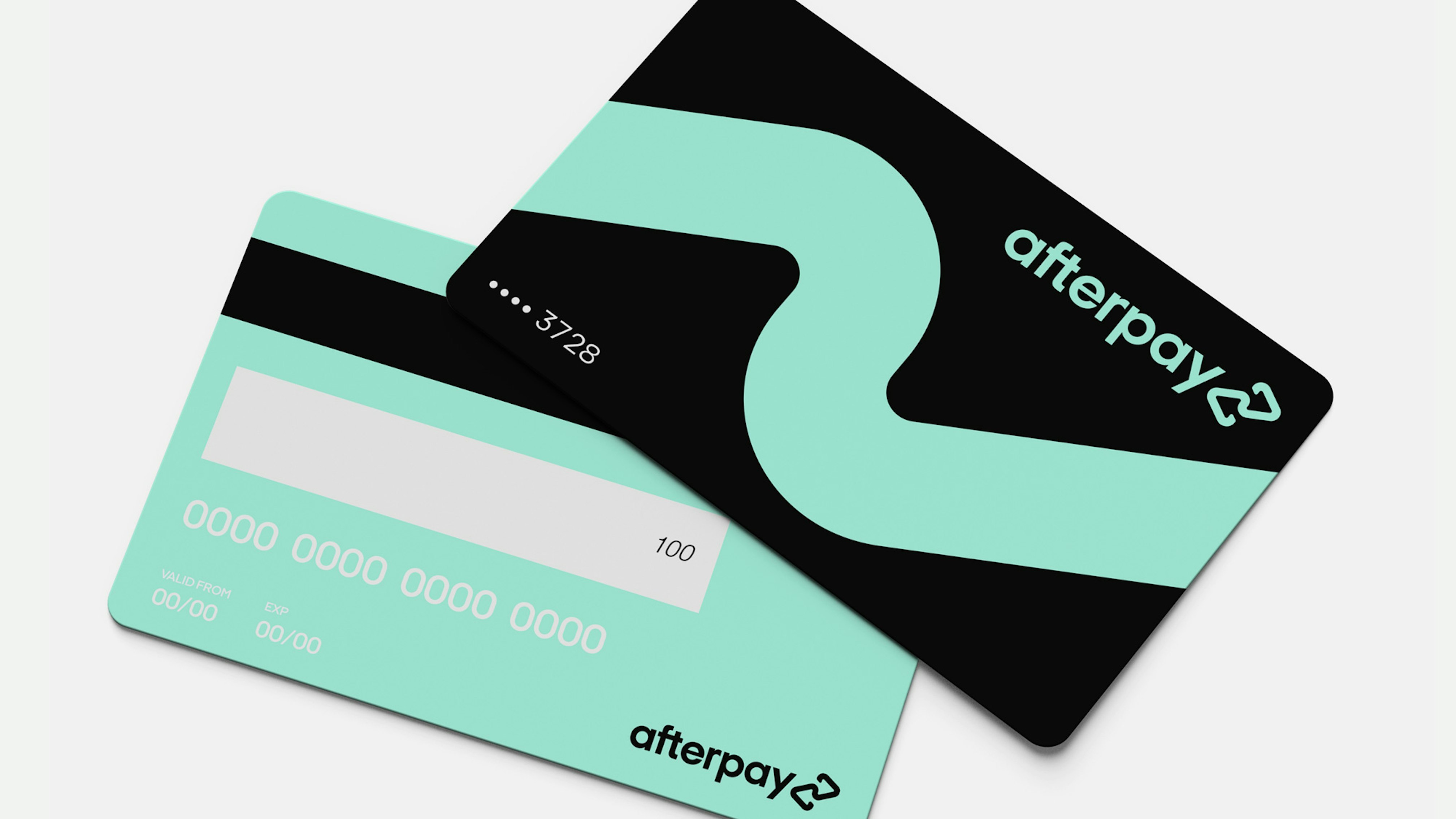 Image showing the Afterpay credit card front and back. The front is black with the Bondi mint wave across it in oversized and the Afterpay logo also in mint. The back is Bondi mint showing the Afterpay logo in black.
