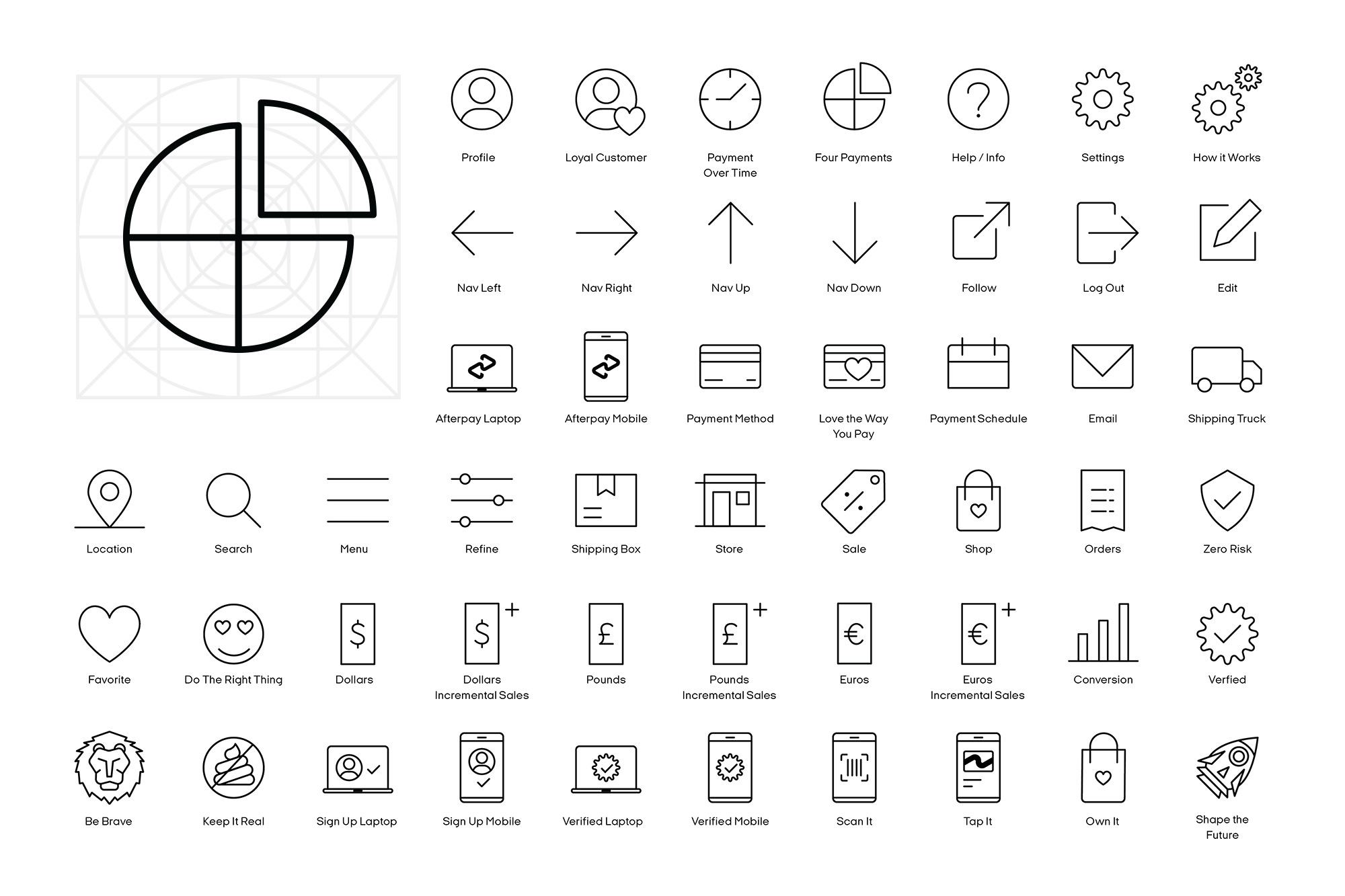 Spread showing all of the icons for the Afterpay website, app, and presentations. They are all in black outline, filled with white. Simple and straight lines have curved endings. On the top left corner there is an animation showing a slideshow of a selection of the icons in a larger size.